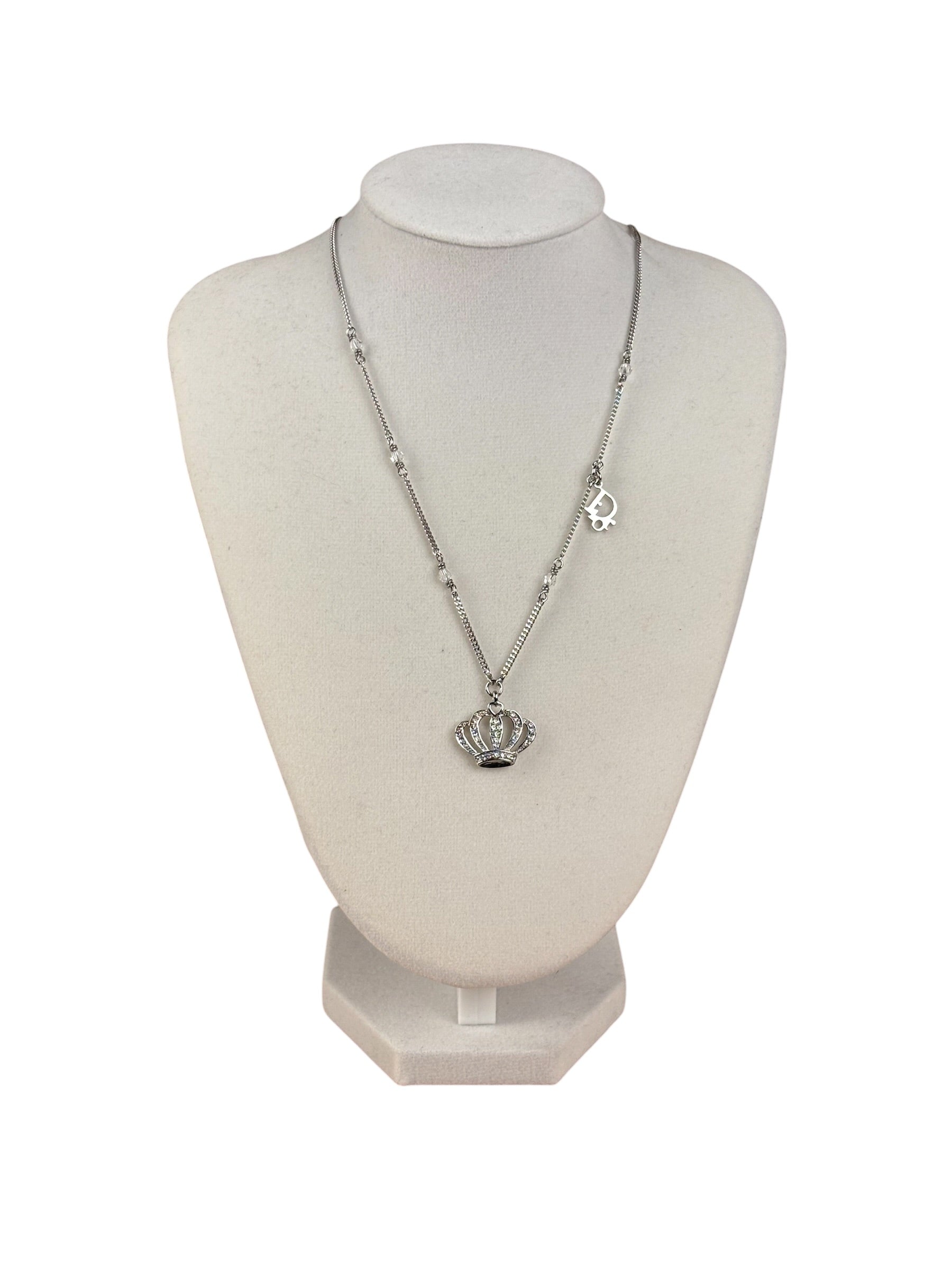 Christian Dior Vintage Crown Rhinestone Pendant Logo Necklace