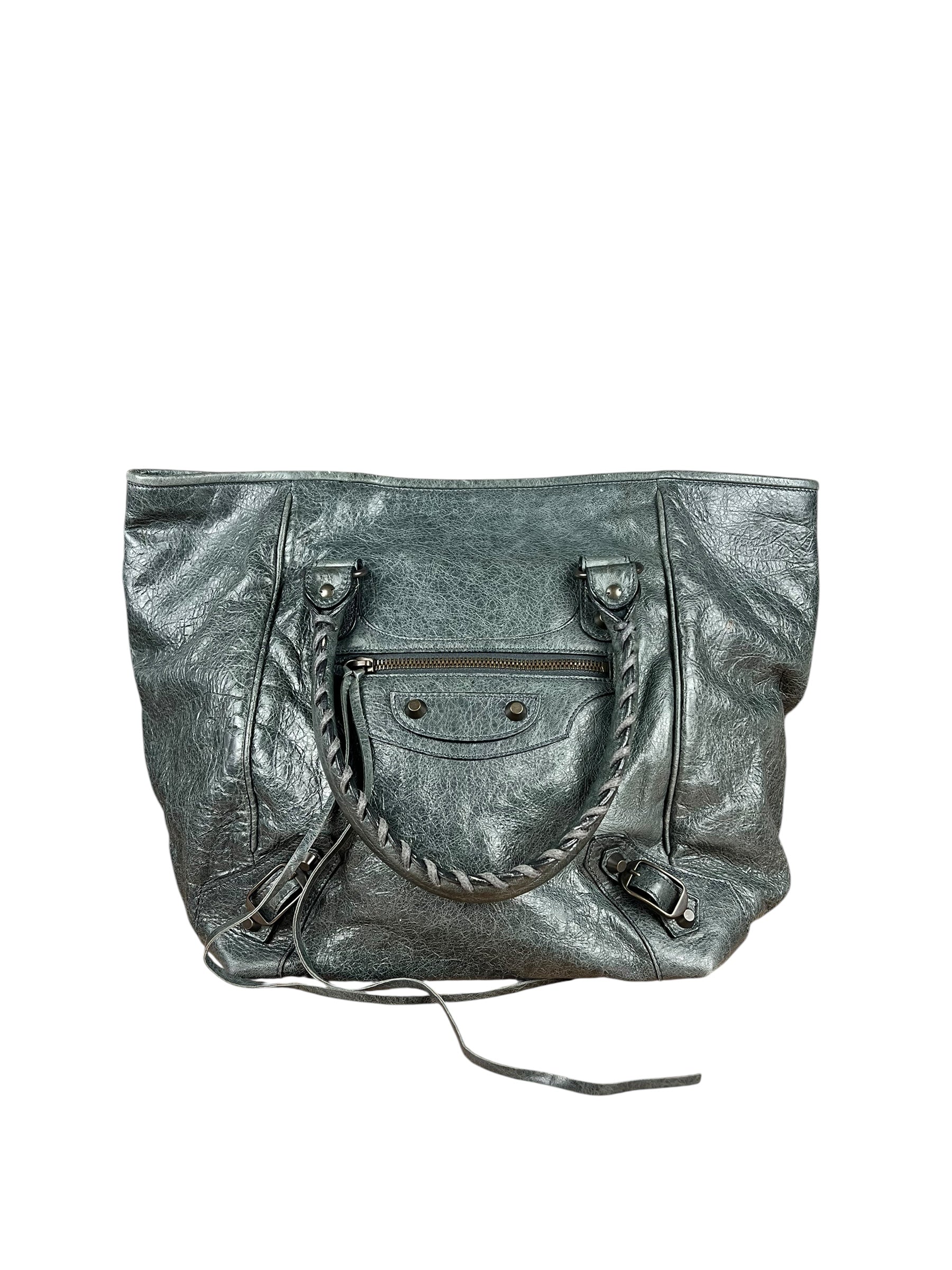 Balenciaga Leather Motocross Muted Teal Sunday Tote