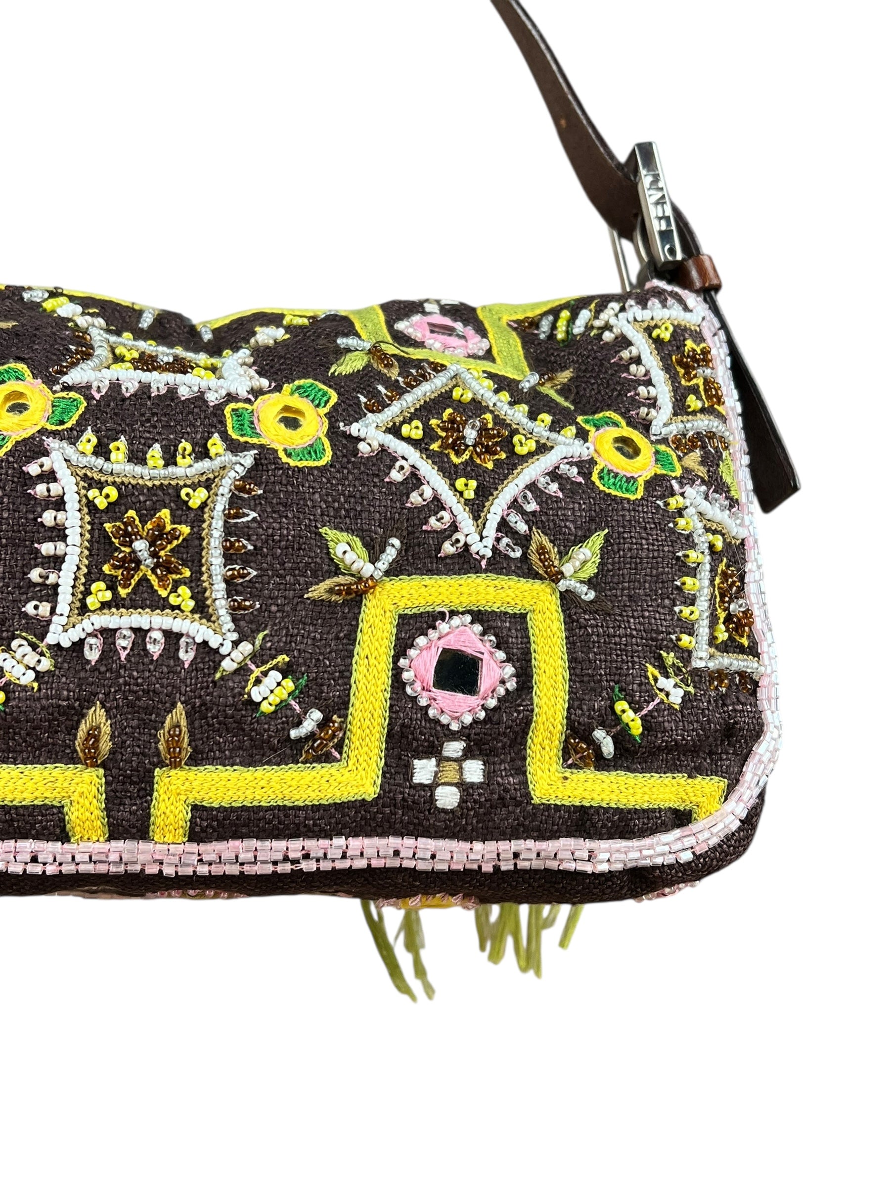 Fendi Canvas Baguette Dark Brown Beaded