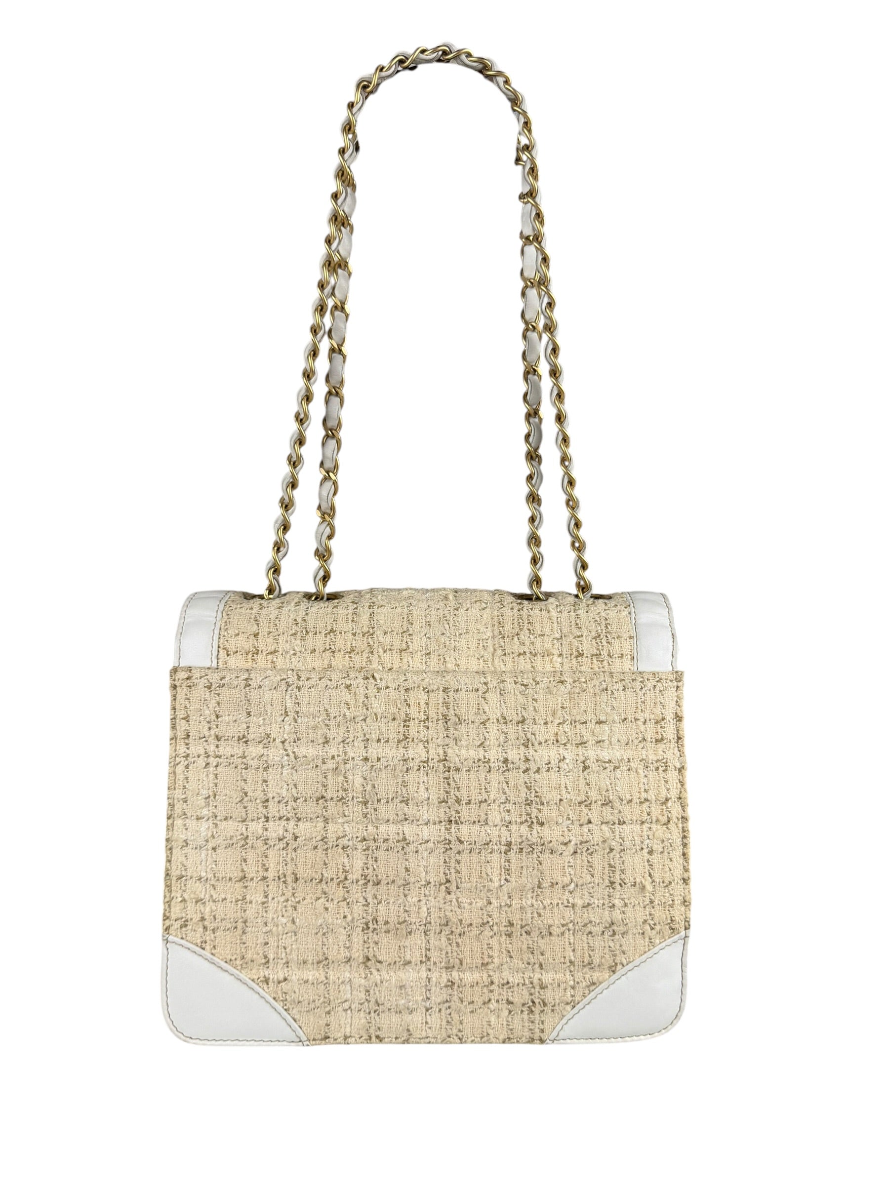 Chanel White Leather Trim Tweed Shoulder Bag 2001