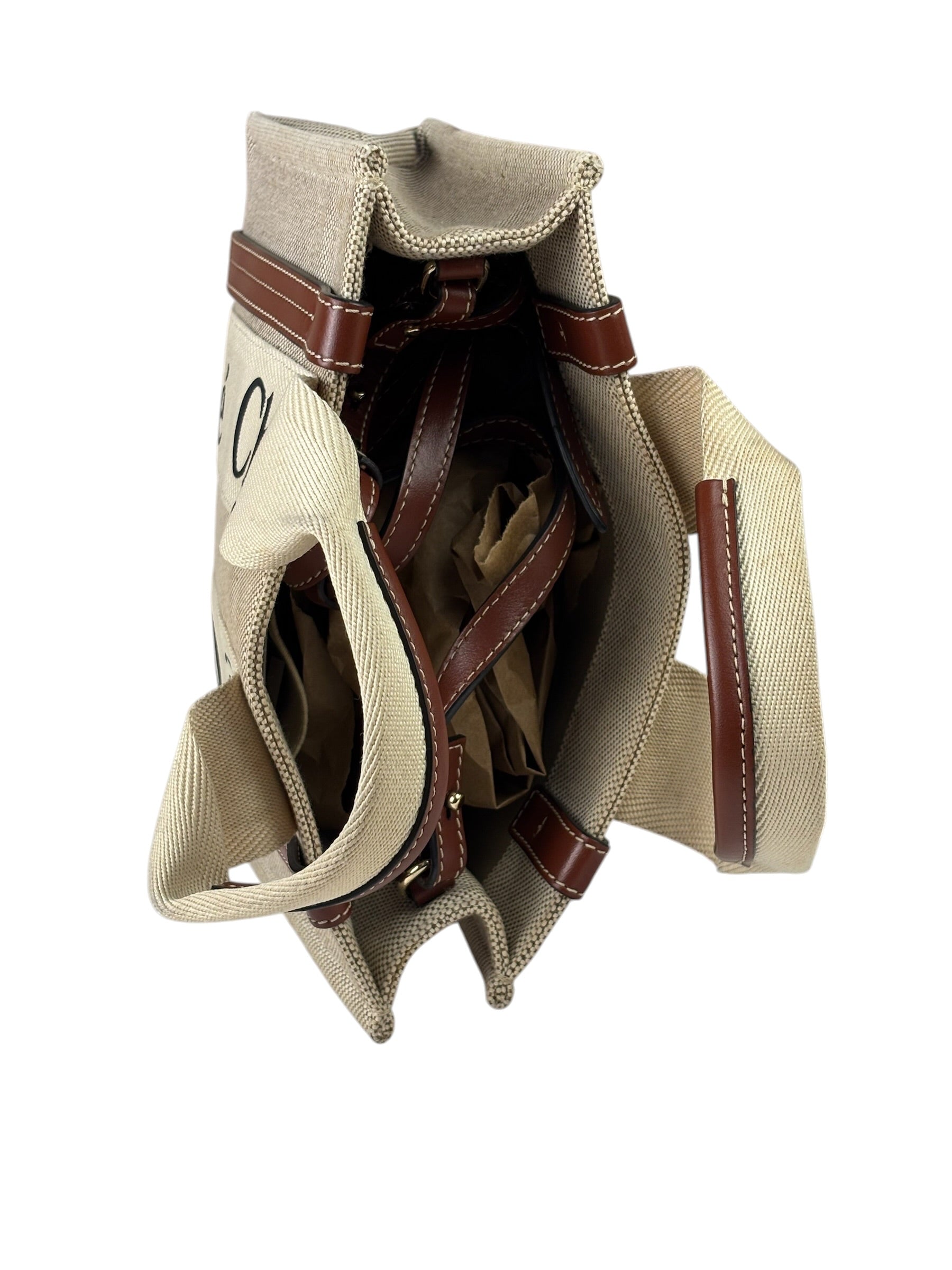 Chloe Beige/Brown Leather Trim Small Woody Two-Way Tote
