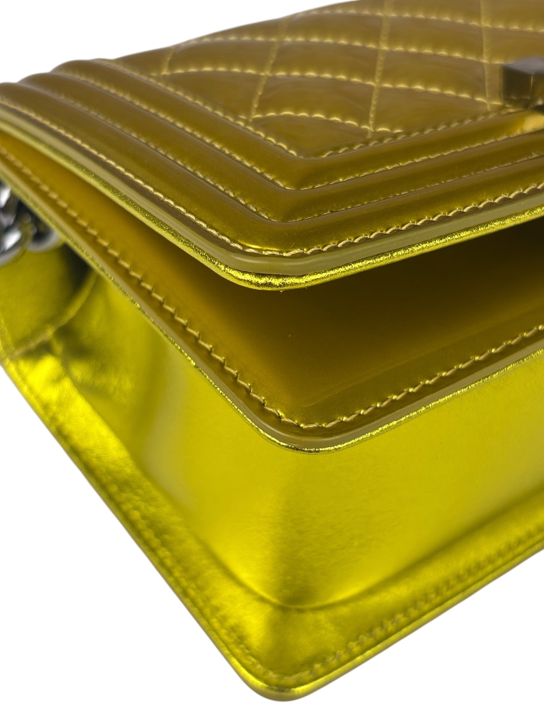 Chanel Metallic Yellow Quilted Patent Leather Mini Boy Flap Bag 2014