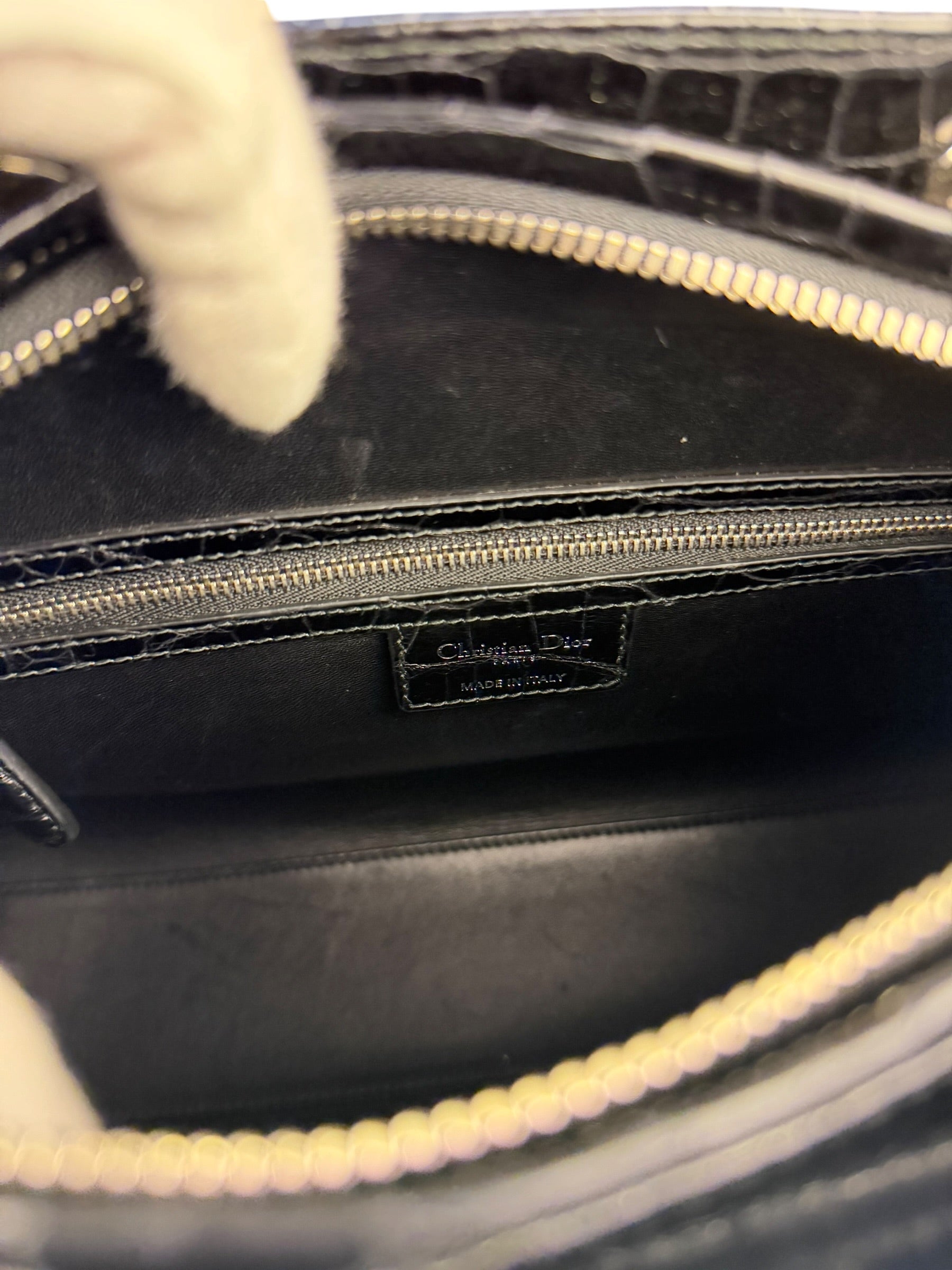 Christian Dior Rare Black/Navy Croc Embossed Lady Dior Handbag