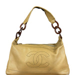 Chanel CC Vintage Beige Leather Caviar Wood Chain Hobo Bag