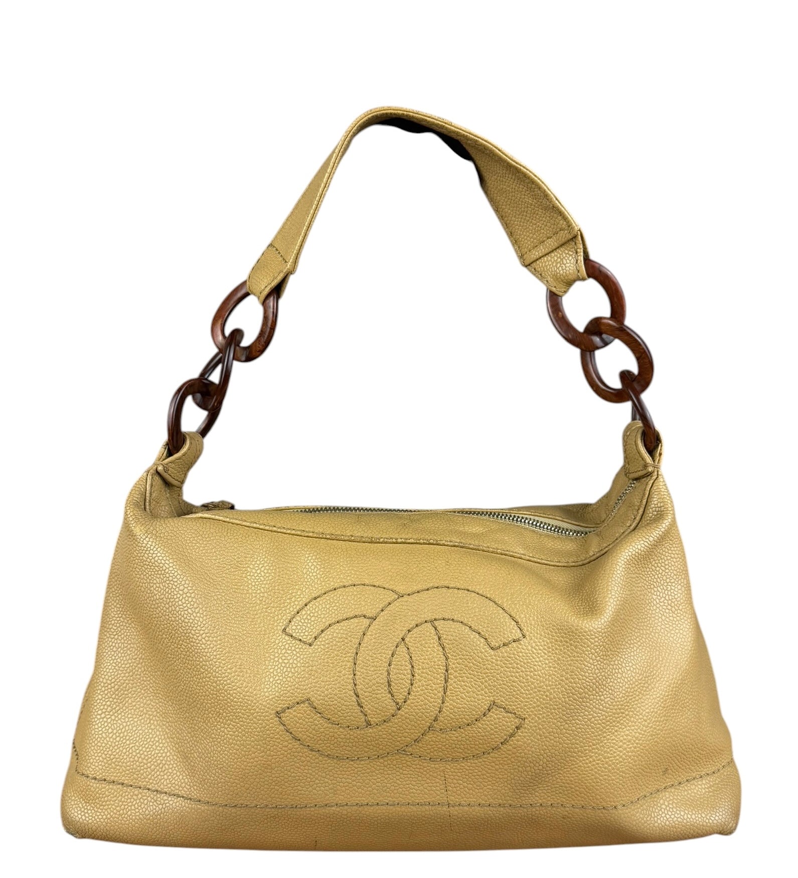 Chanel CC Vintage Beige Leather Caviar Wood Chain Hobo Bag