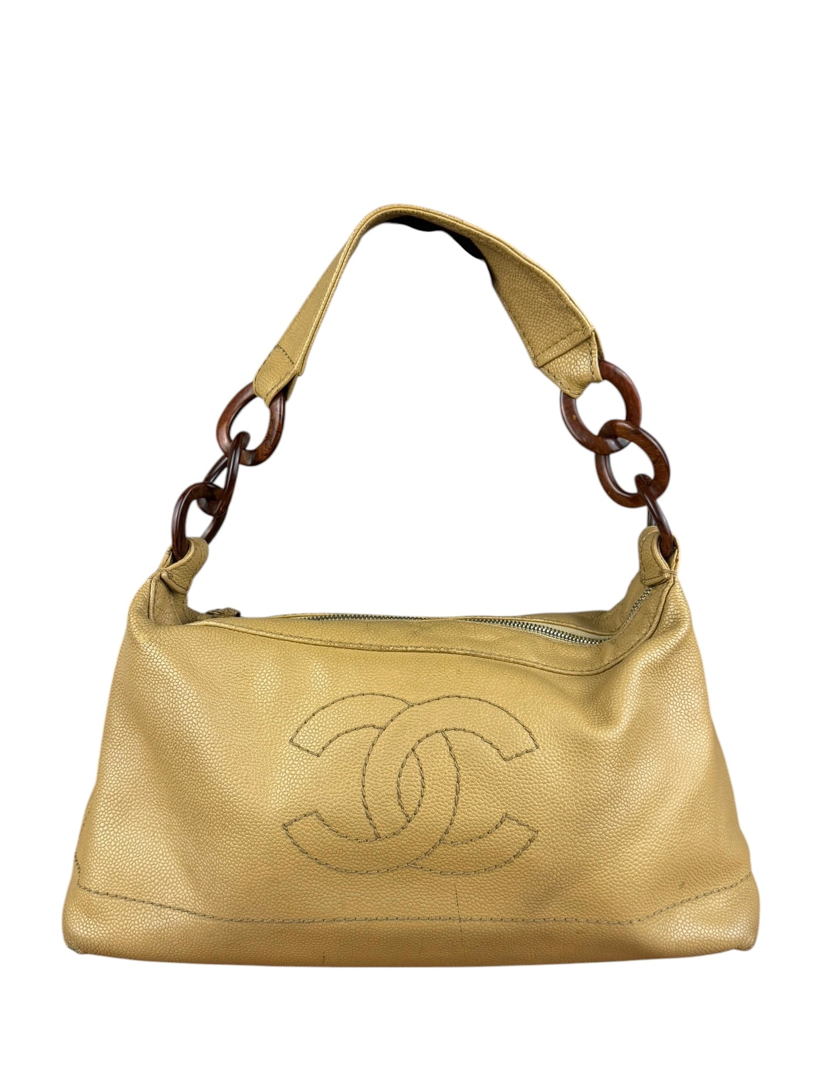 Chanel CC Vintage Beige Leather Caviar Wood Chain Hobo Bag