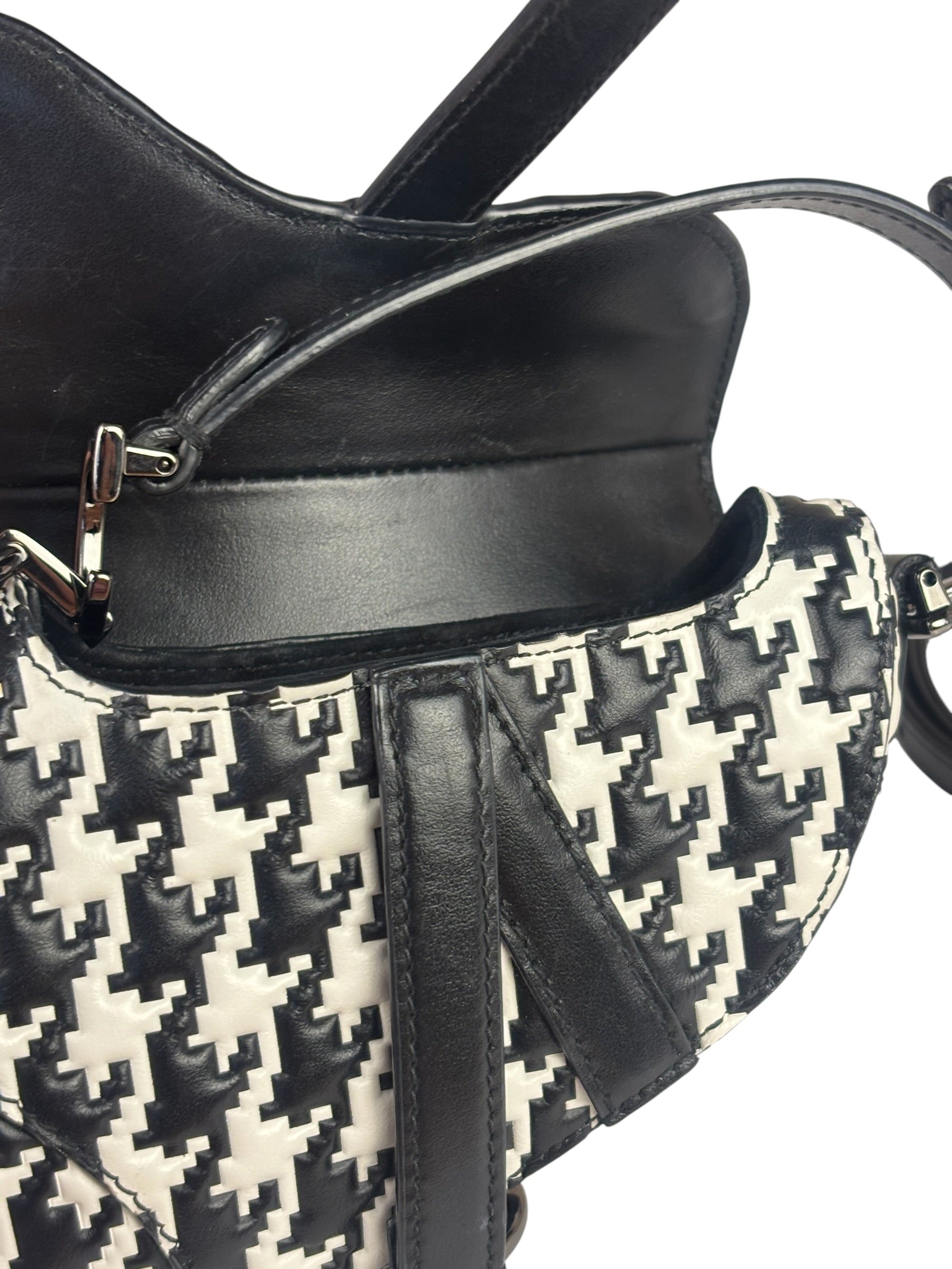 Christian Dior White/Black Leather Houndstooth Micro Saddle Bag