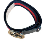 Gucci Navy Blue Leather Trim G Web Buckle Belt