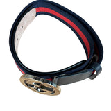 Gucci Navy Blue Leather Trim G Web Buckle Belt