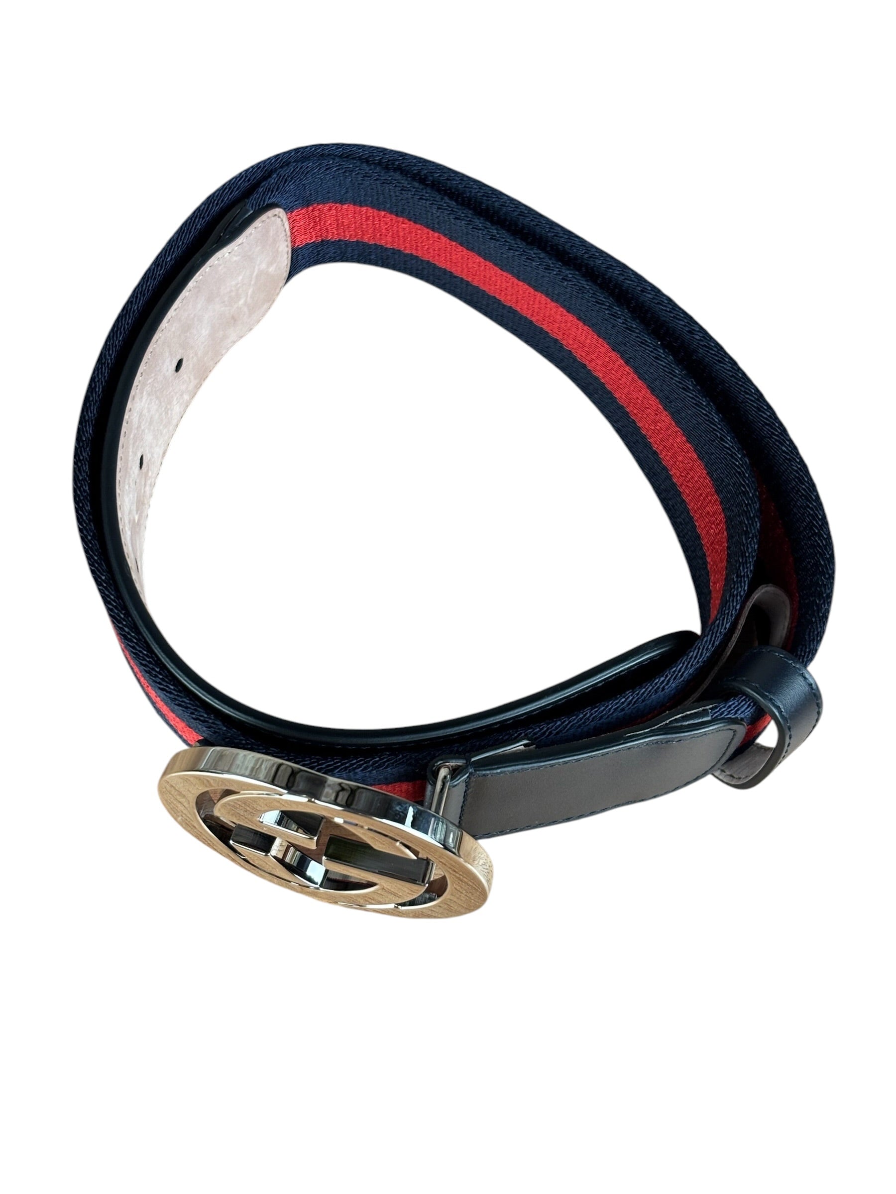Gucci Navy Blue Leather Trim G Web Buckle Belt