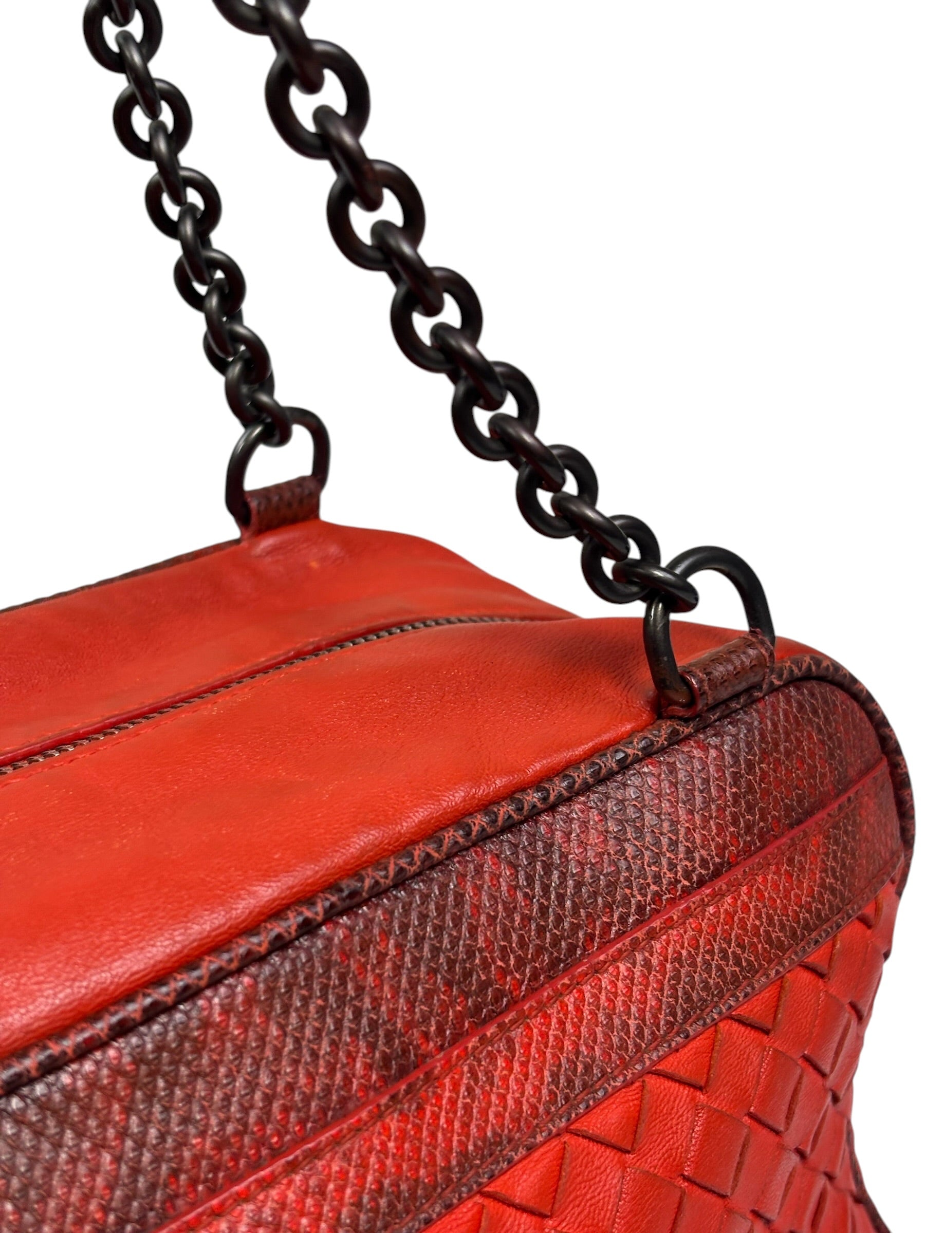 Bottega Veneta Red Lambskin/Lizard Intrecciato Shoulder Bag