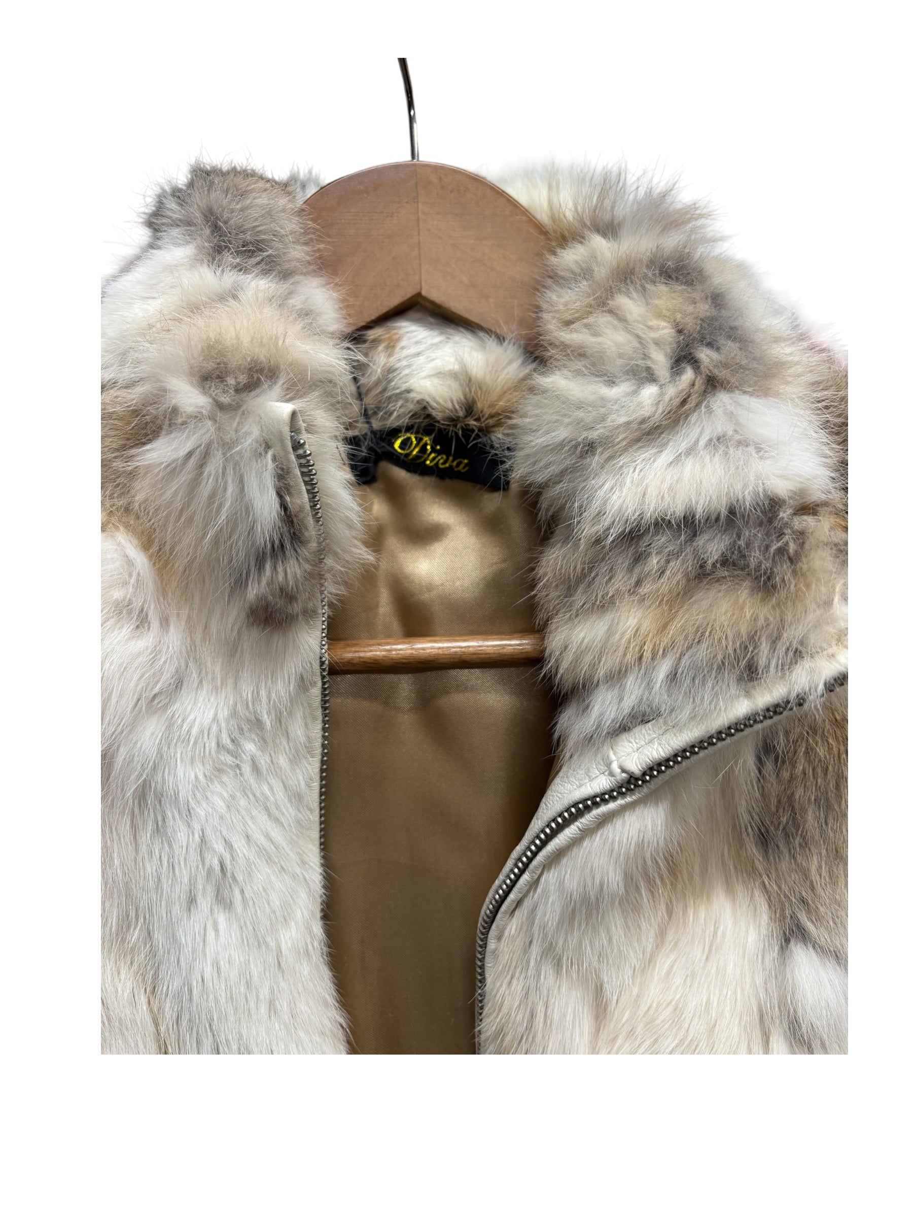 Diva Brown/White Zip-Up Rabbit Fur Jacket