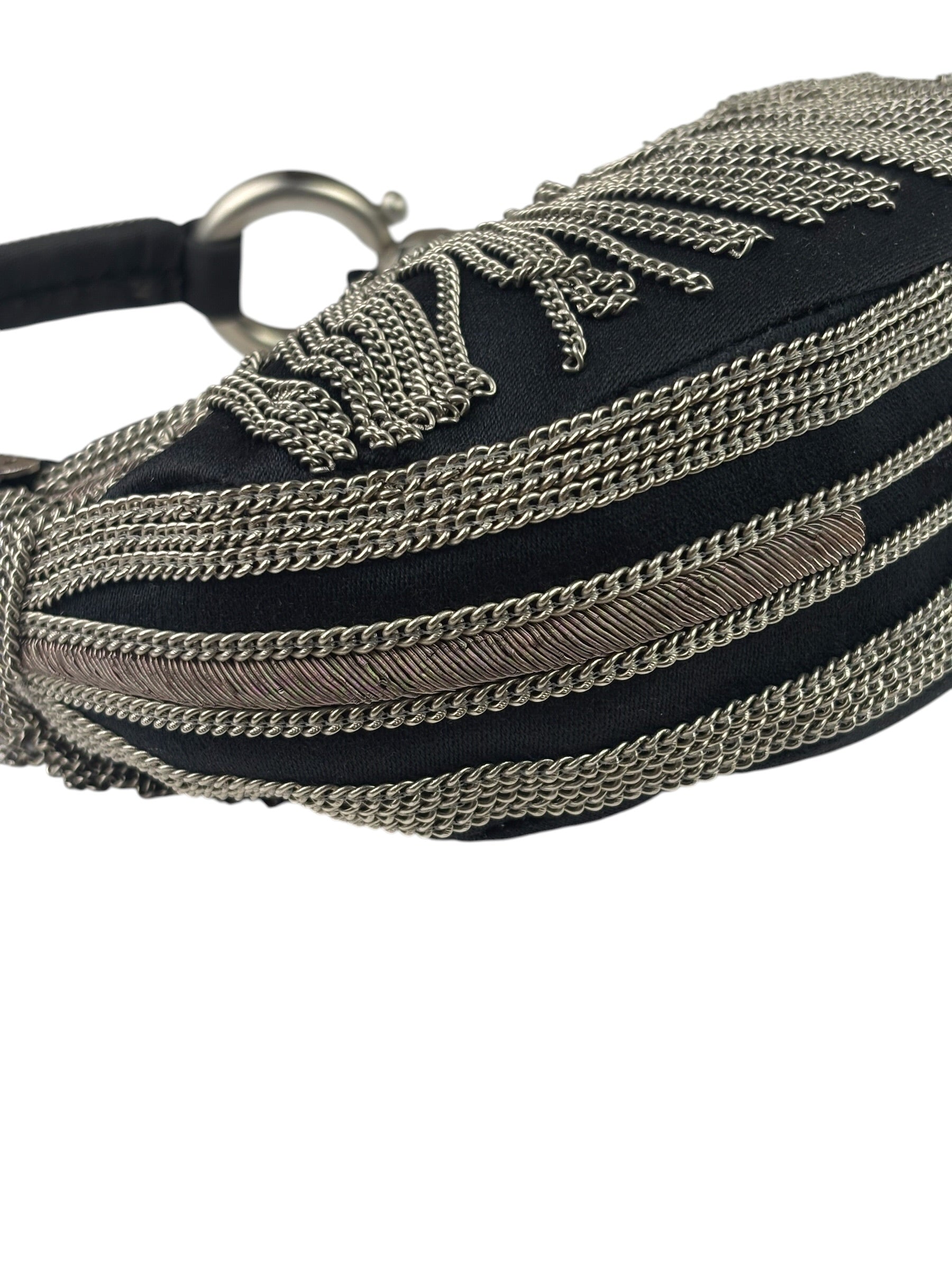 Chole Black Nylon Chain-Link Crescent Mini Hobo Bag