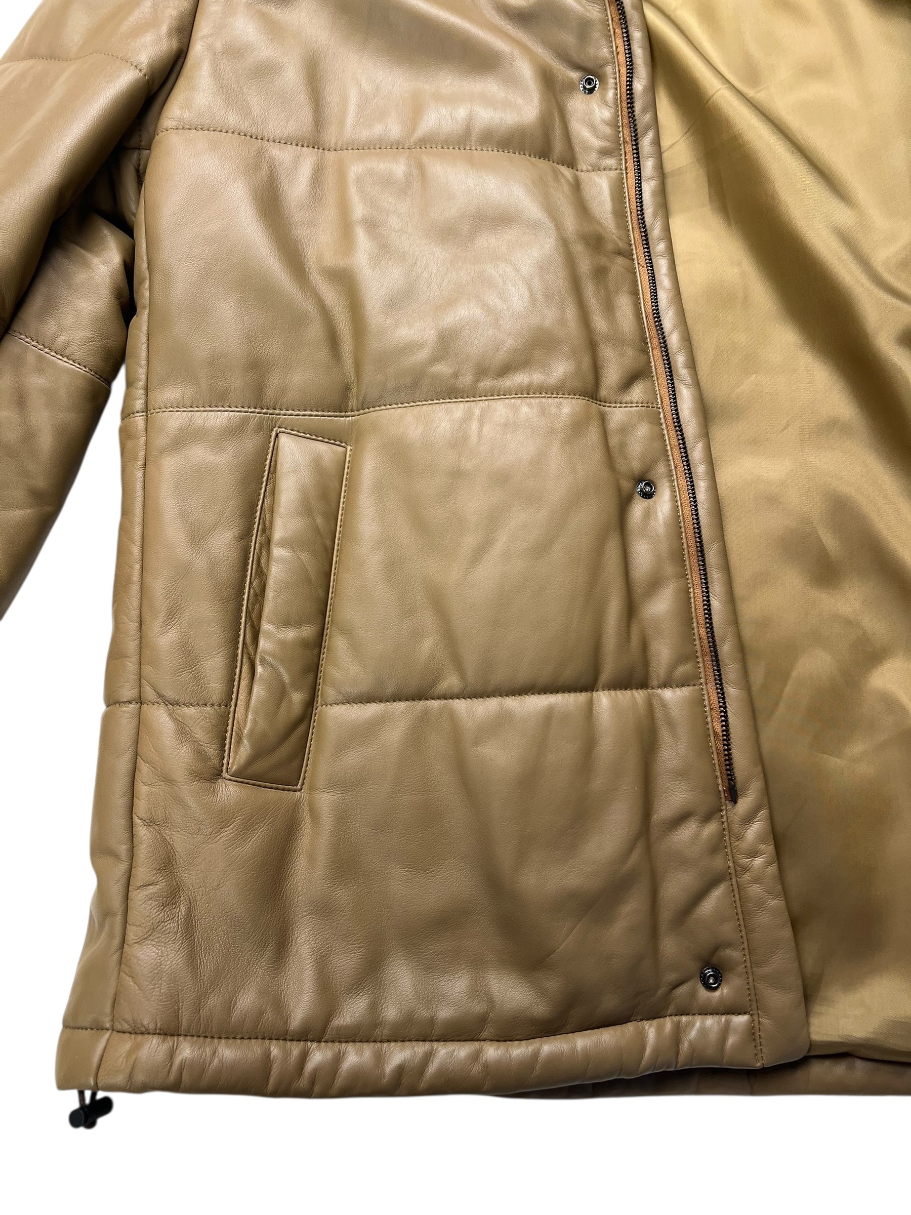 Balmain Beige Leather Puffer Fur Hooded Coat
