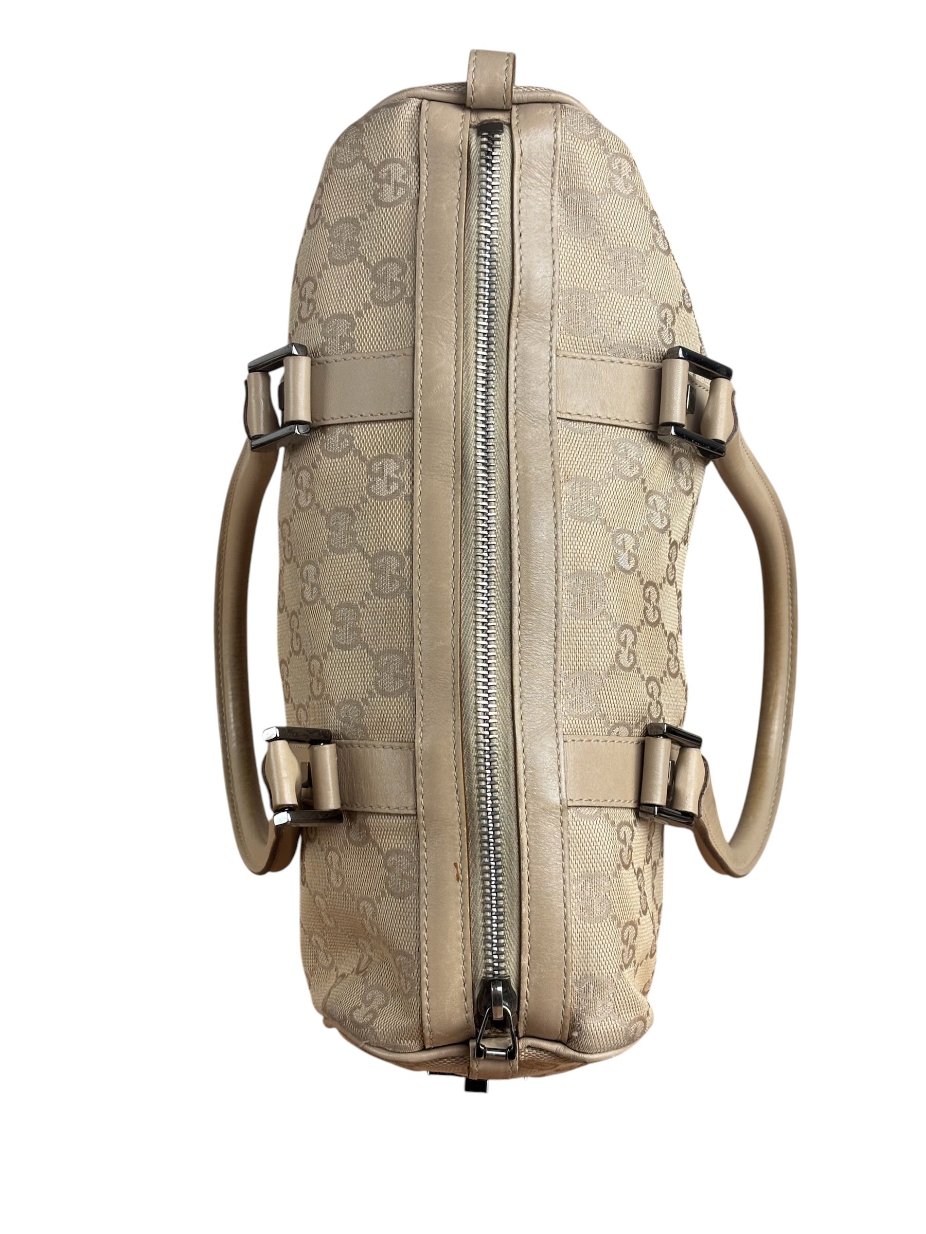 Gucci GG Beige Leather Trim Guccissima Small Boston Bag