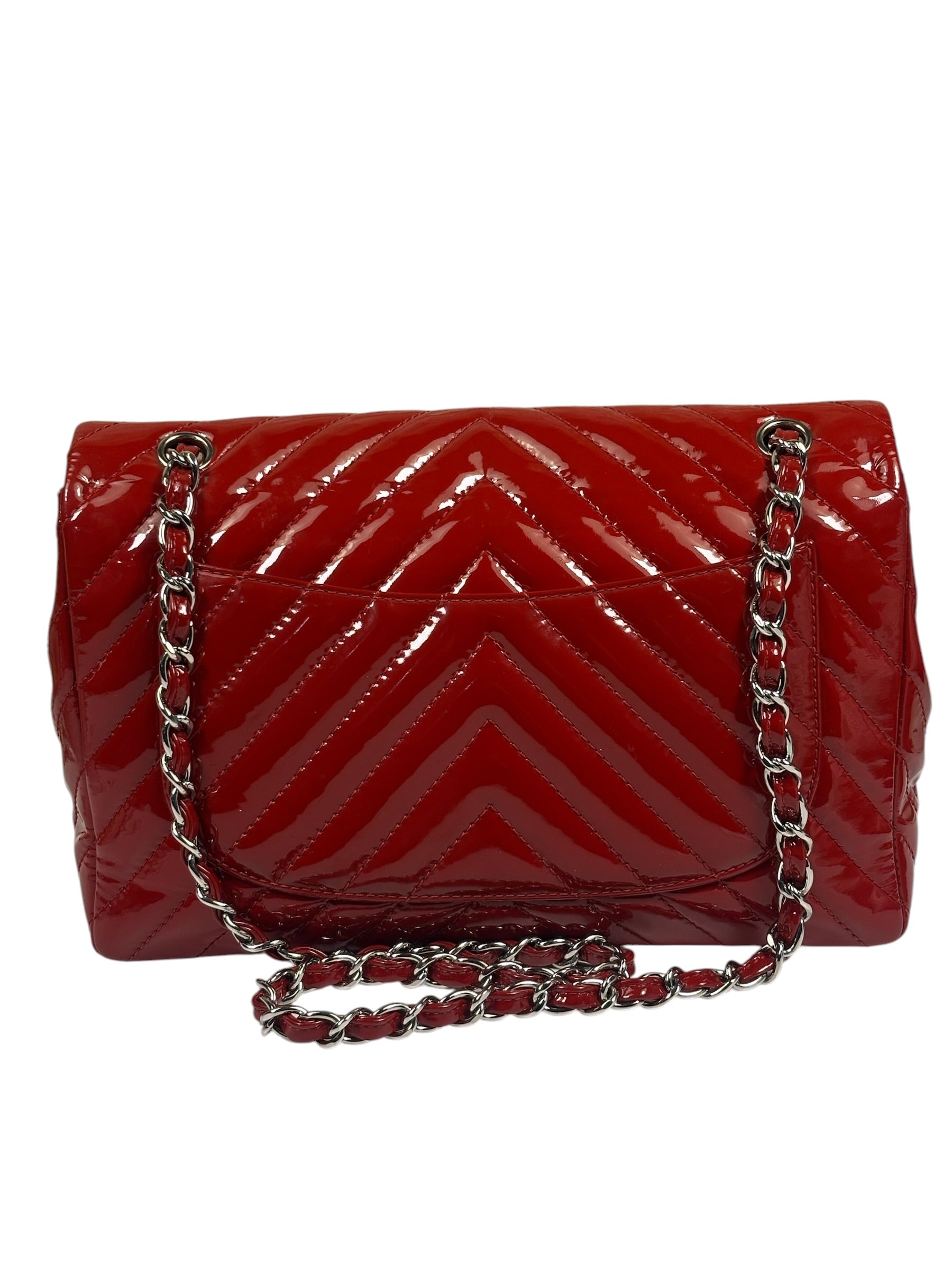 Chanel Red Patent Leather Chevron Jumbo Flap Bag 2009