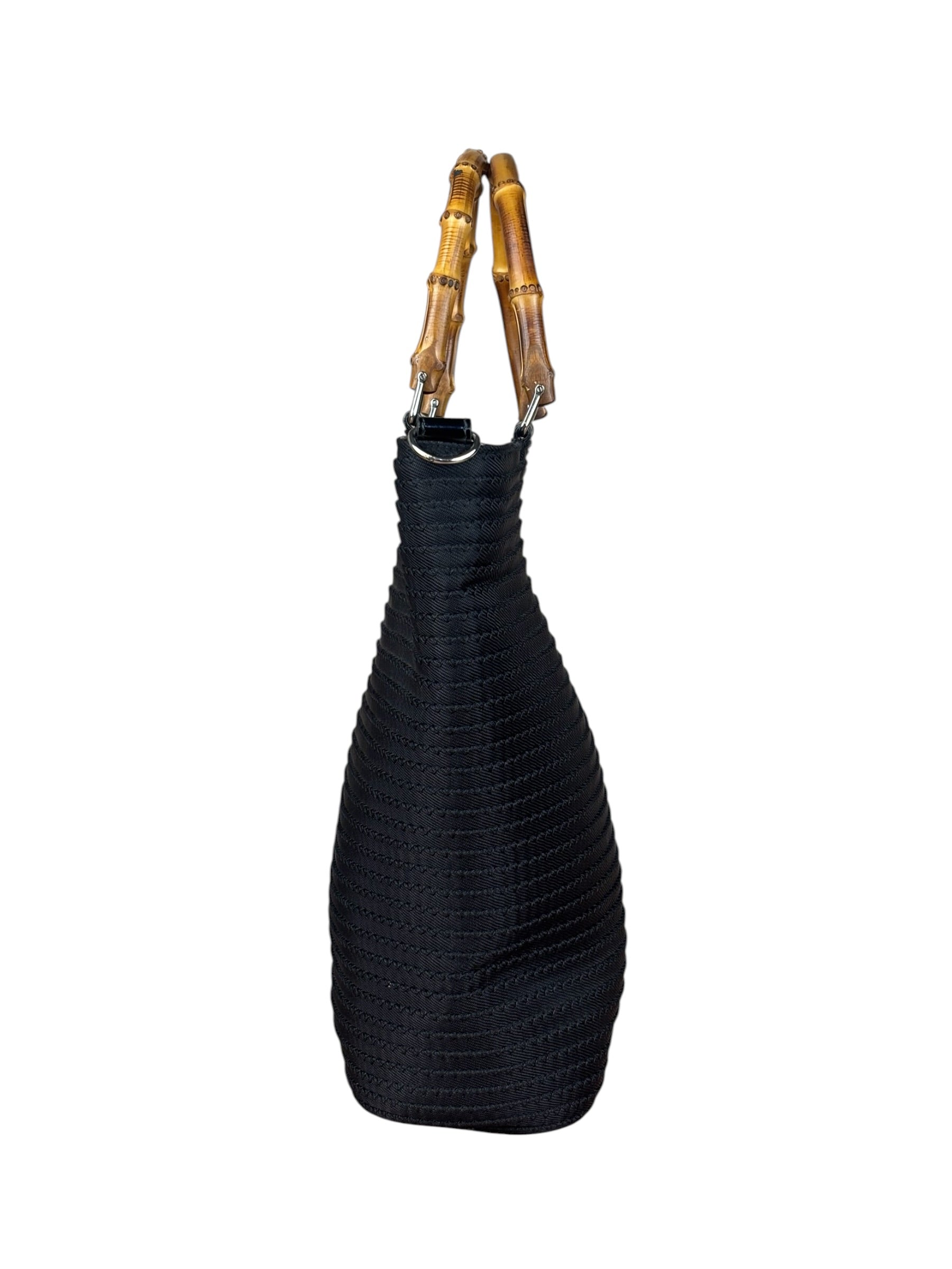 Gucci Vintage Black Ribbed Bamboo Top Handle Bag