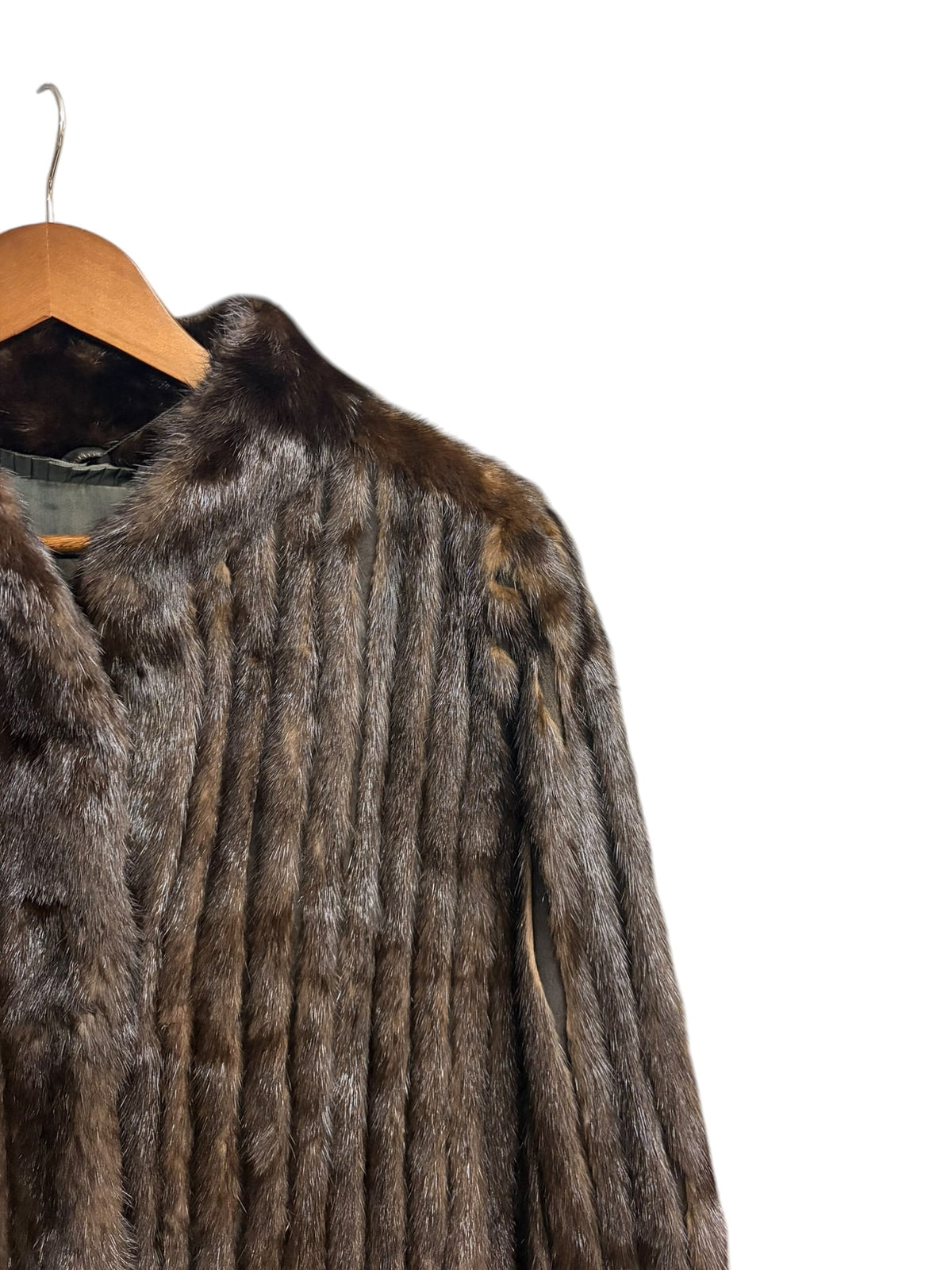 Vintage Dark Brown Leather Trim Striped Mink Fur
