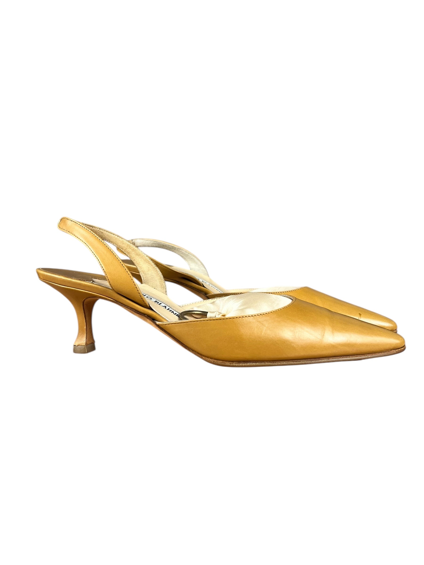 Manolo Blahnik Nude Leather Slingback Kitten Heels