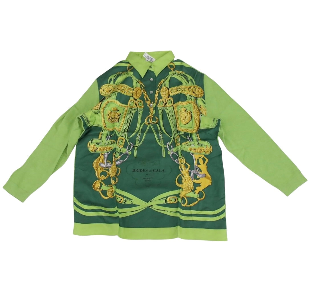 Hermes Silk Green Saddle Print Collared Blouse