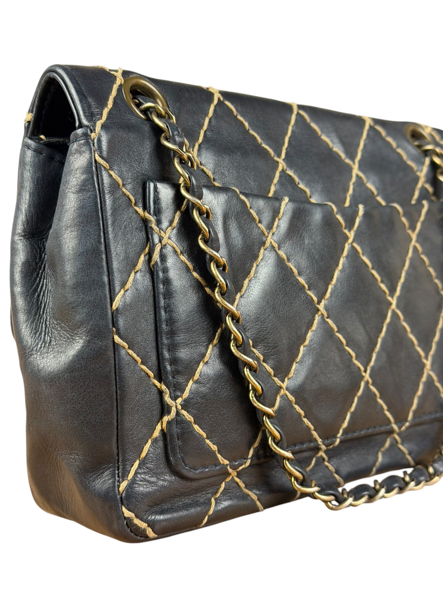 Chanel Vintage Navy Blue Leather Wild Stitch Surpique Flap Bag 2001