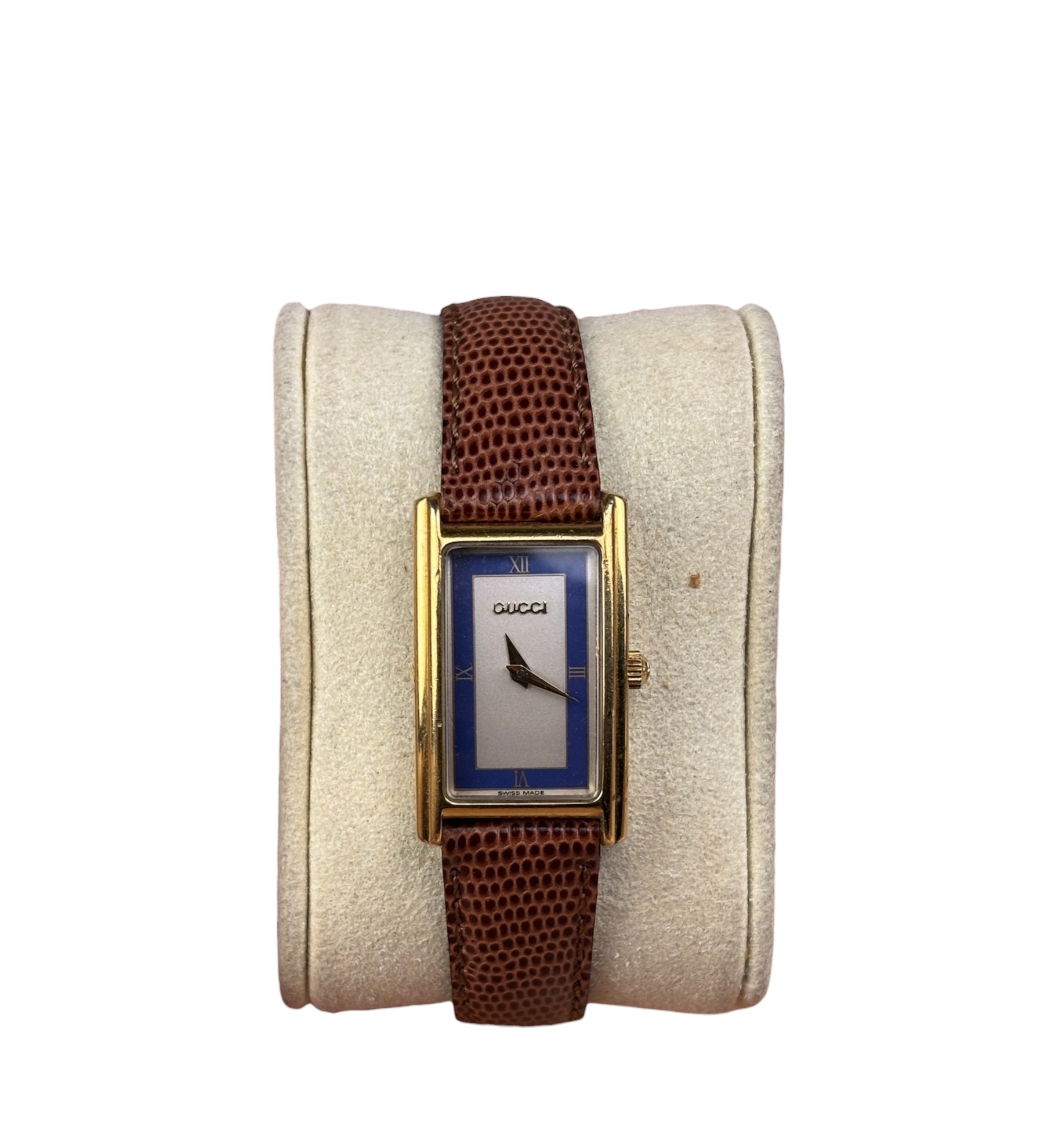Gucci 2600L Tank Blue Dial Brown Lizard Strap