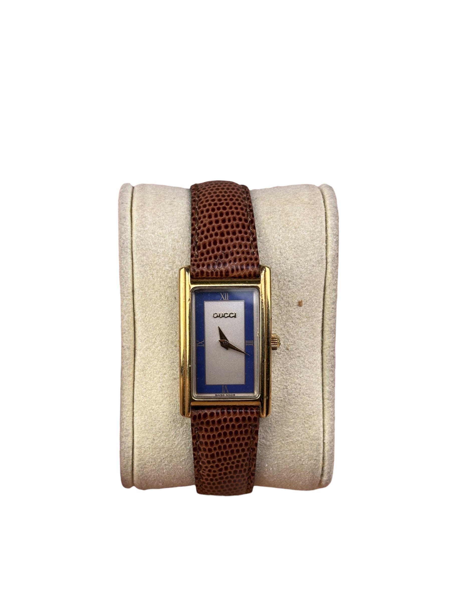 Gucci 2600L Tank Blue Dial Brown Lizard Strap