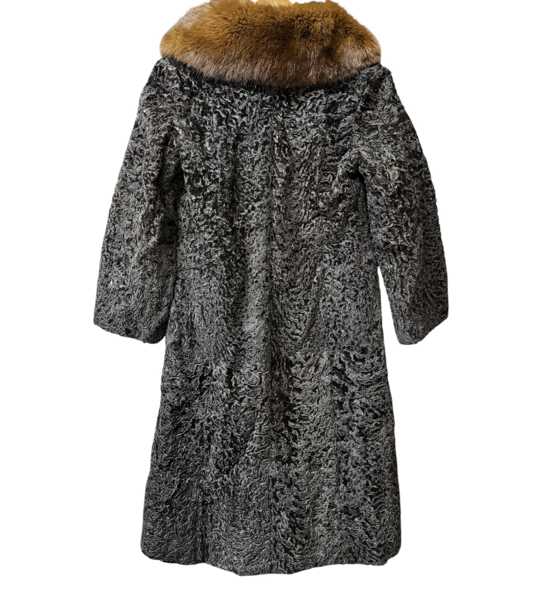 Vintage Brown Fox Fur Collar Persian Lamb Long Coat