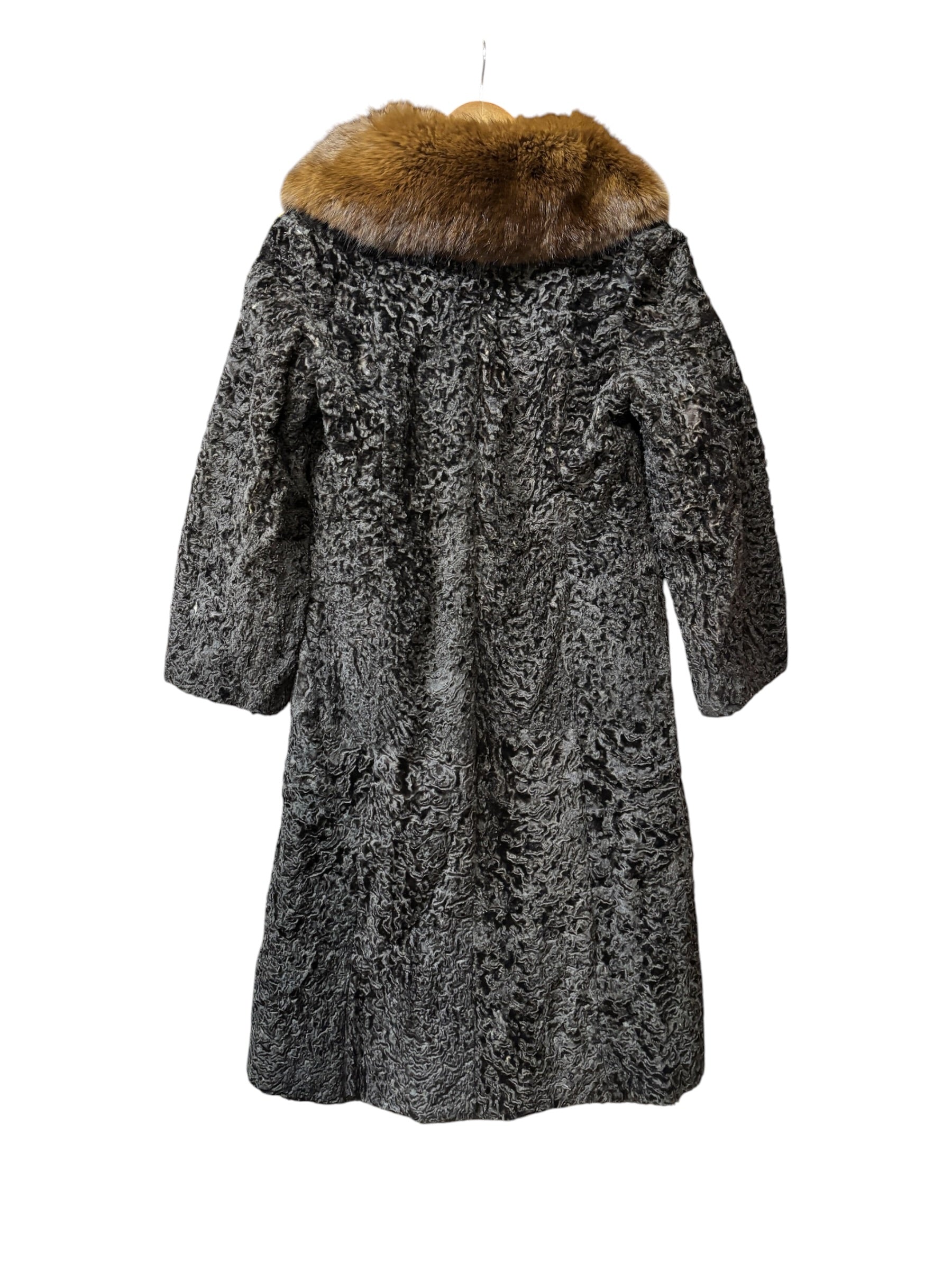 Vintage Brown Fox Fur Collar Persian Lamb Long Coat