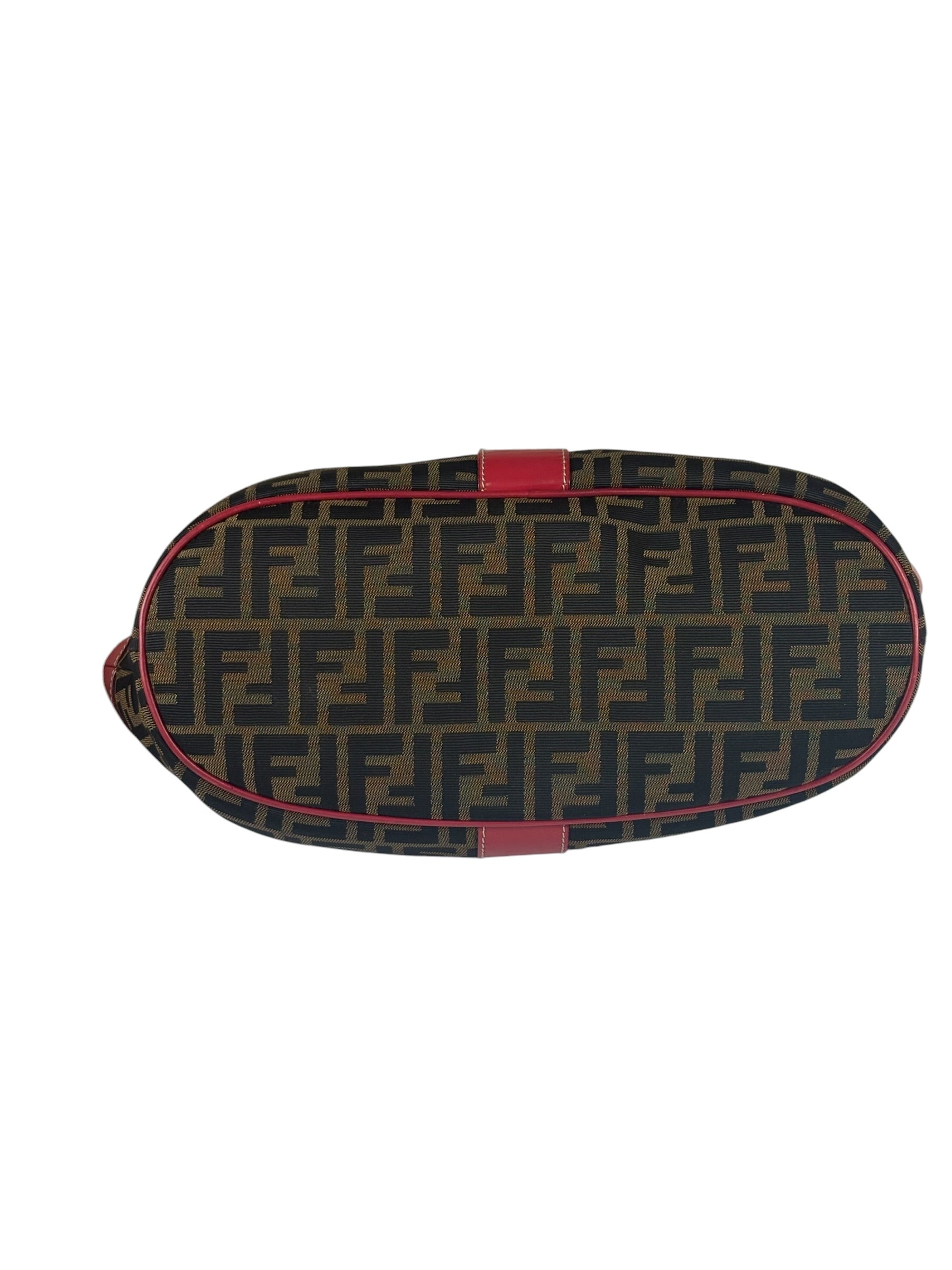 Fendi Beige/Red Leather Trim Zucca Buckle Tote