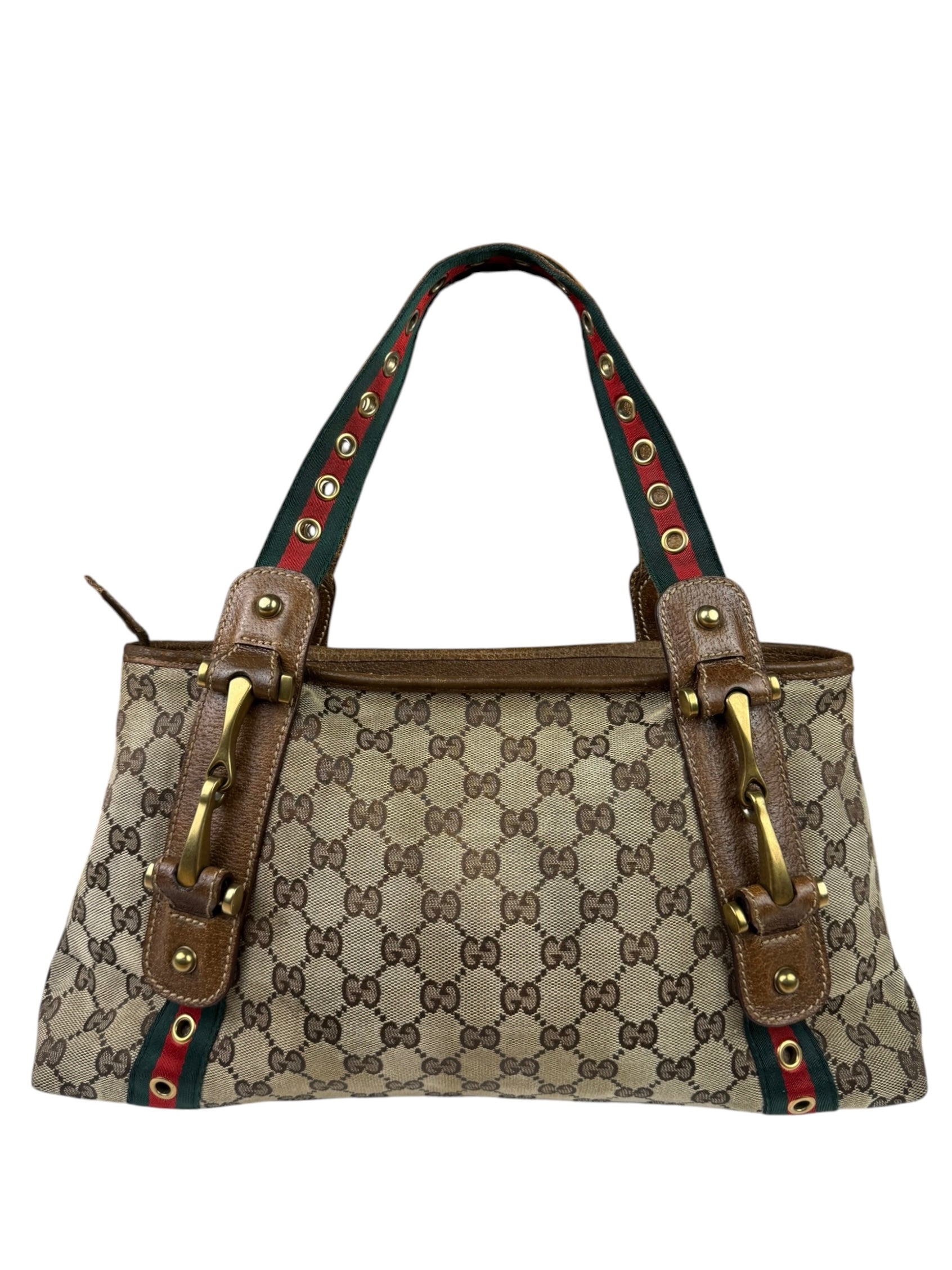 Gucci Vintage Brown Leather Trim Grommet Web Shoulder Bag