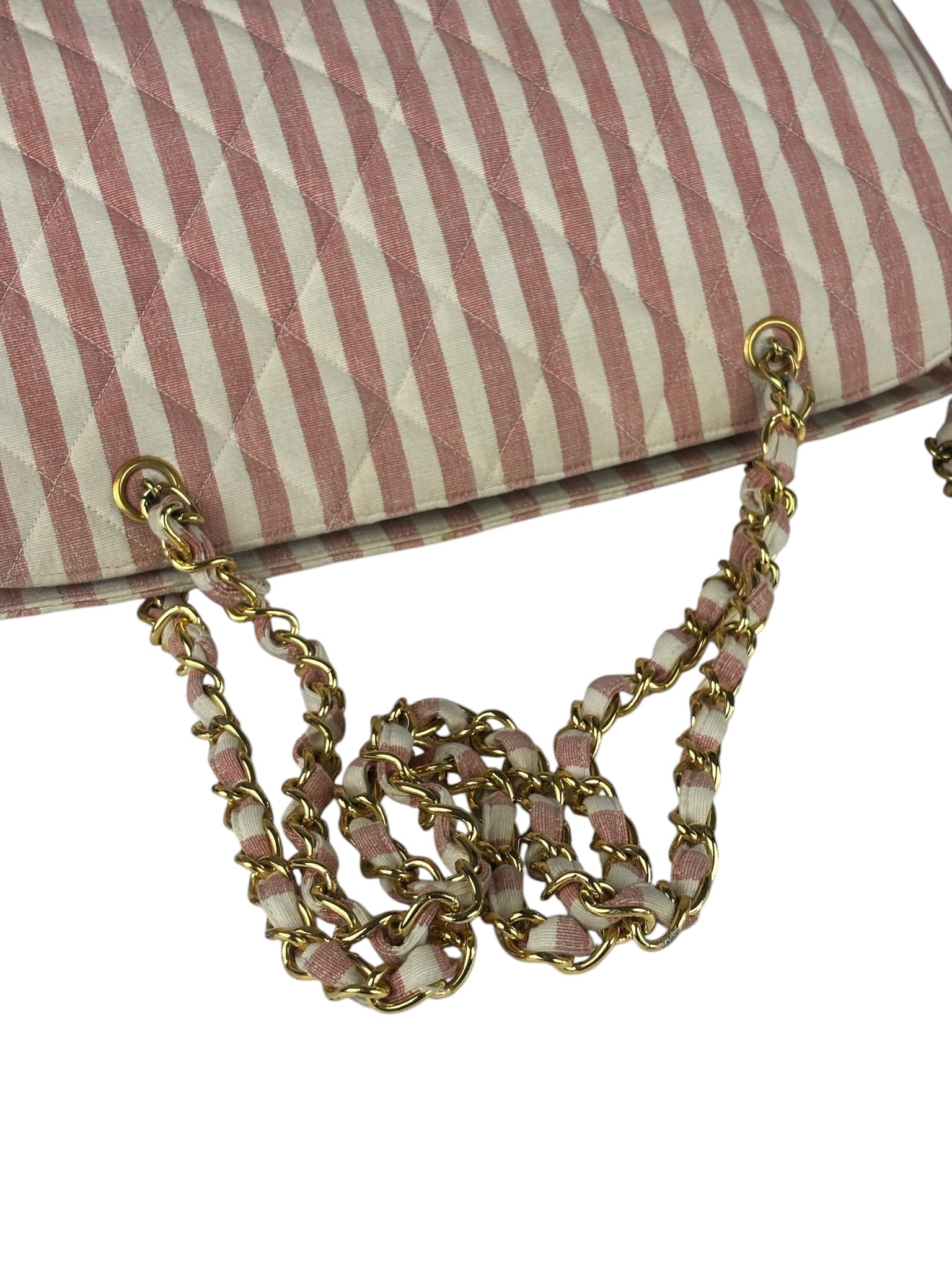 Chanel Vintage Pink/Cream Denim Maxi Stripped Tote 1994