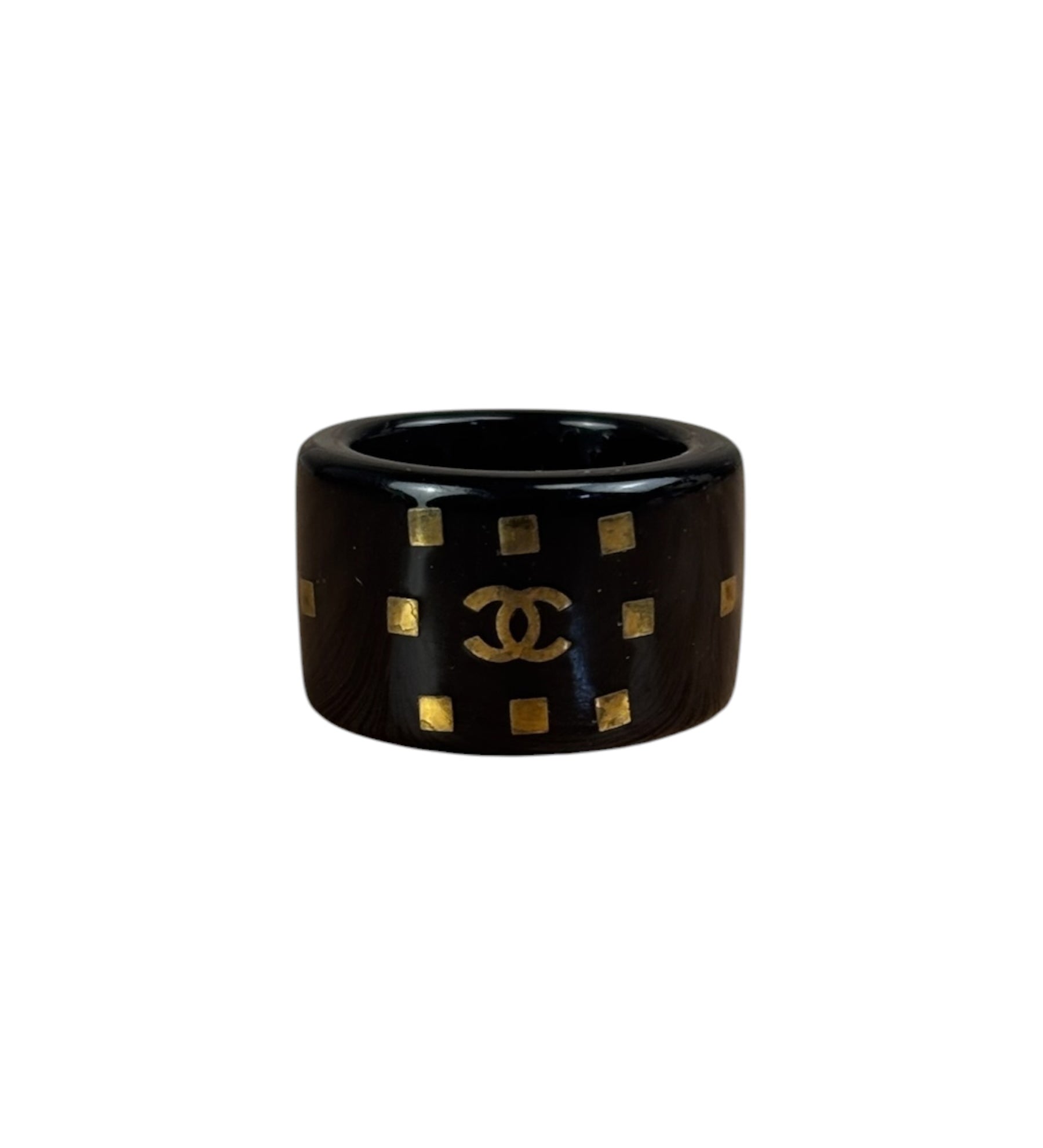 Chanel Vintage Black Resin CC Logo Band Ring