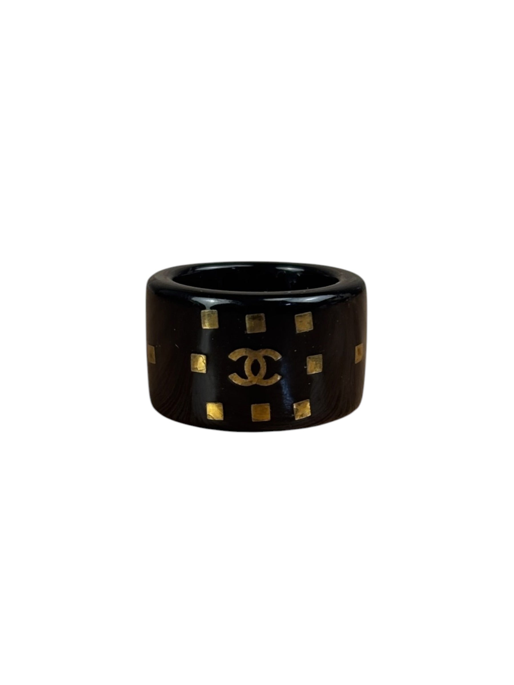 Chanel Vintage Black Resin CC Logo Band Ring