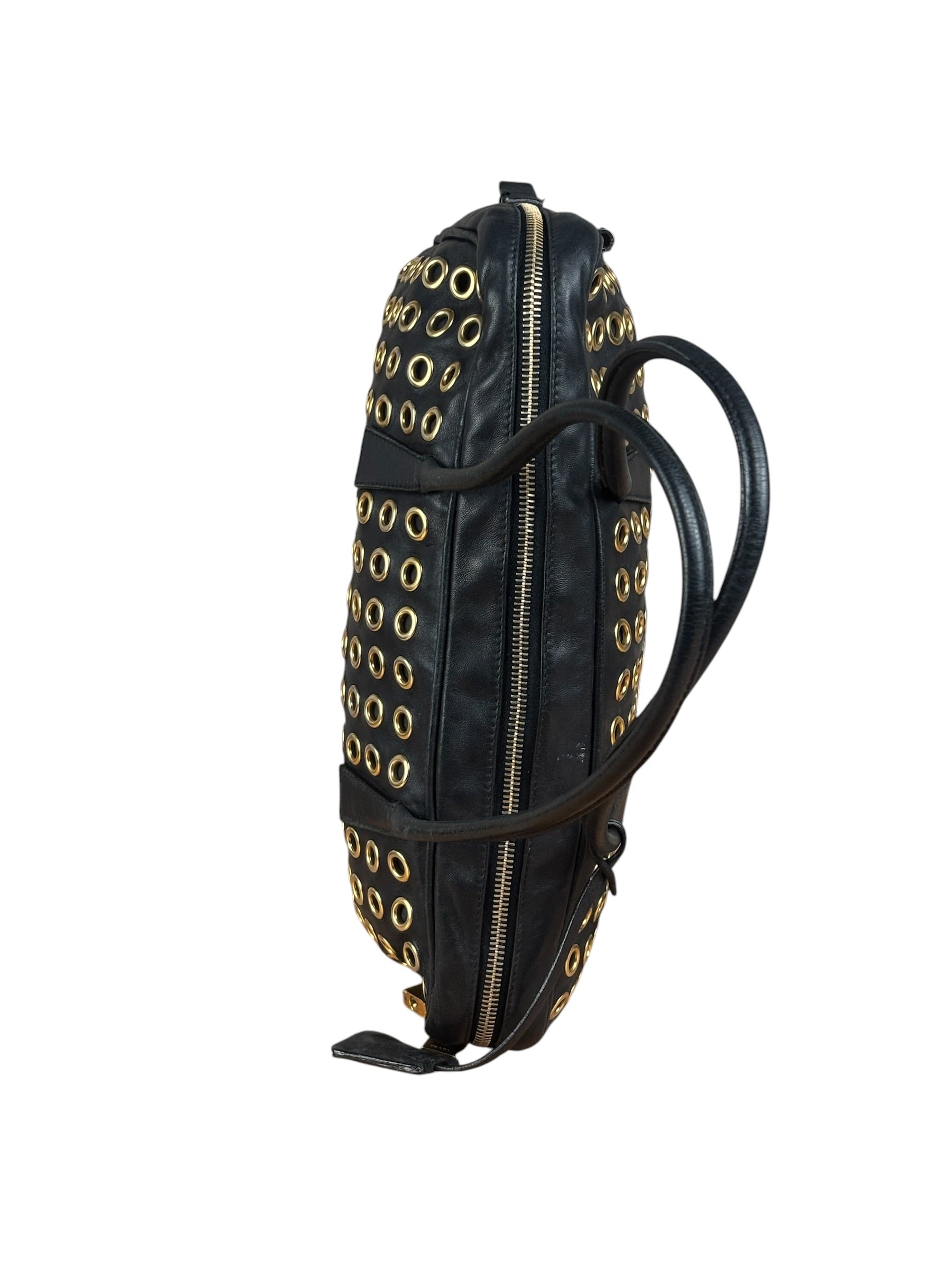 Prada Vintage Black Leather Nappa Metal Grommet Bauletto Handbag