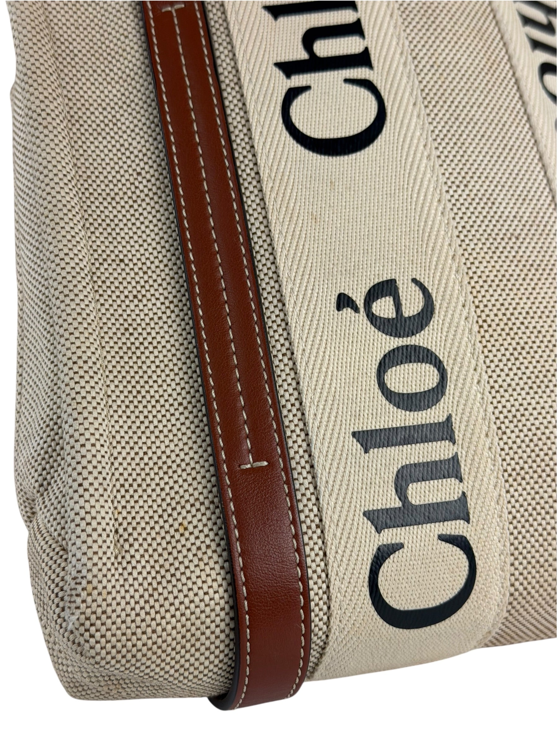 Chloe Brown Leather Trim/Linen Canvas Woody Small Tote
