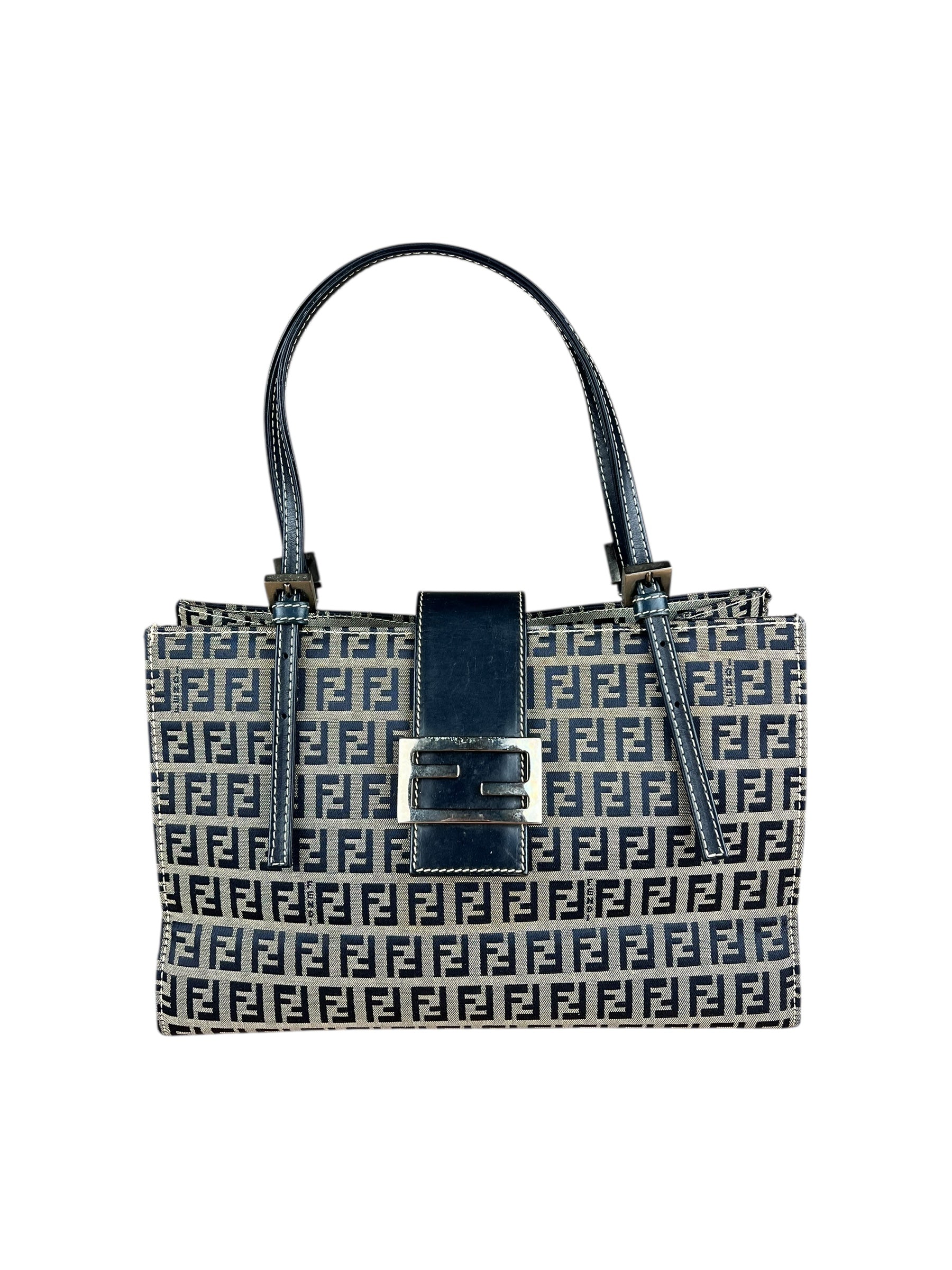 Fendi FF Buckle Navy Zucca Tote Handbag