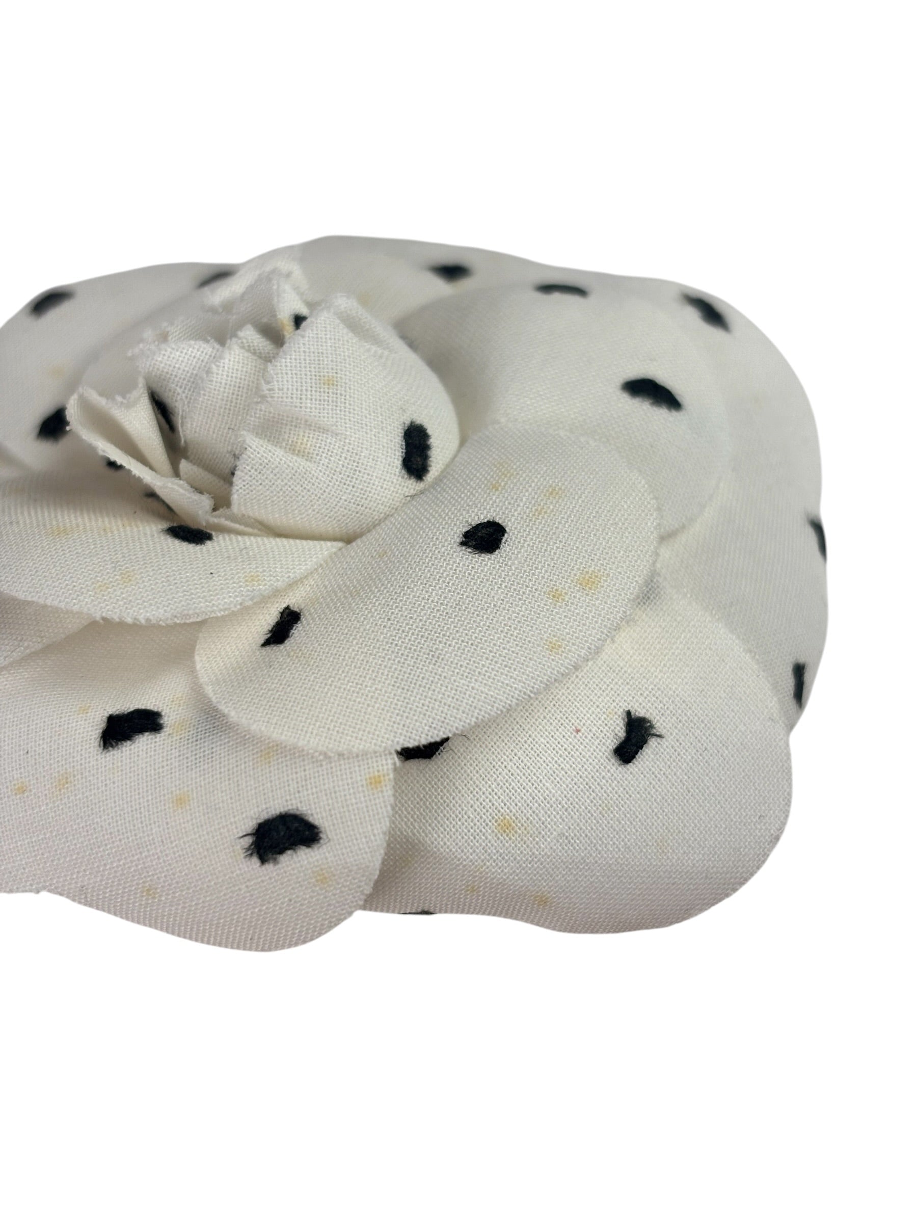 Chanel White Silk Polka Dots Camellia Flower Brooch