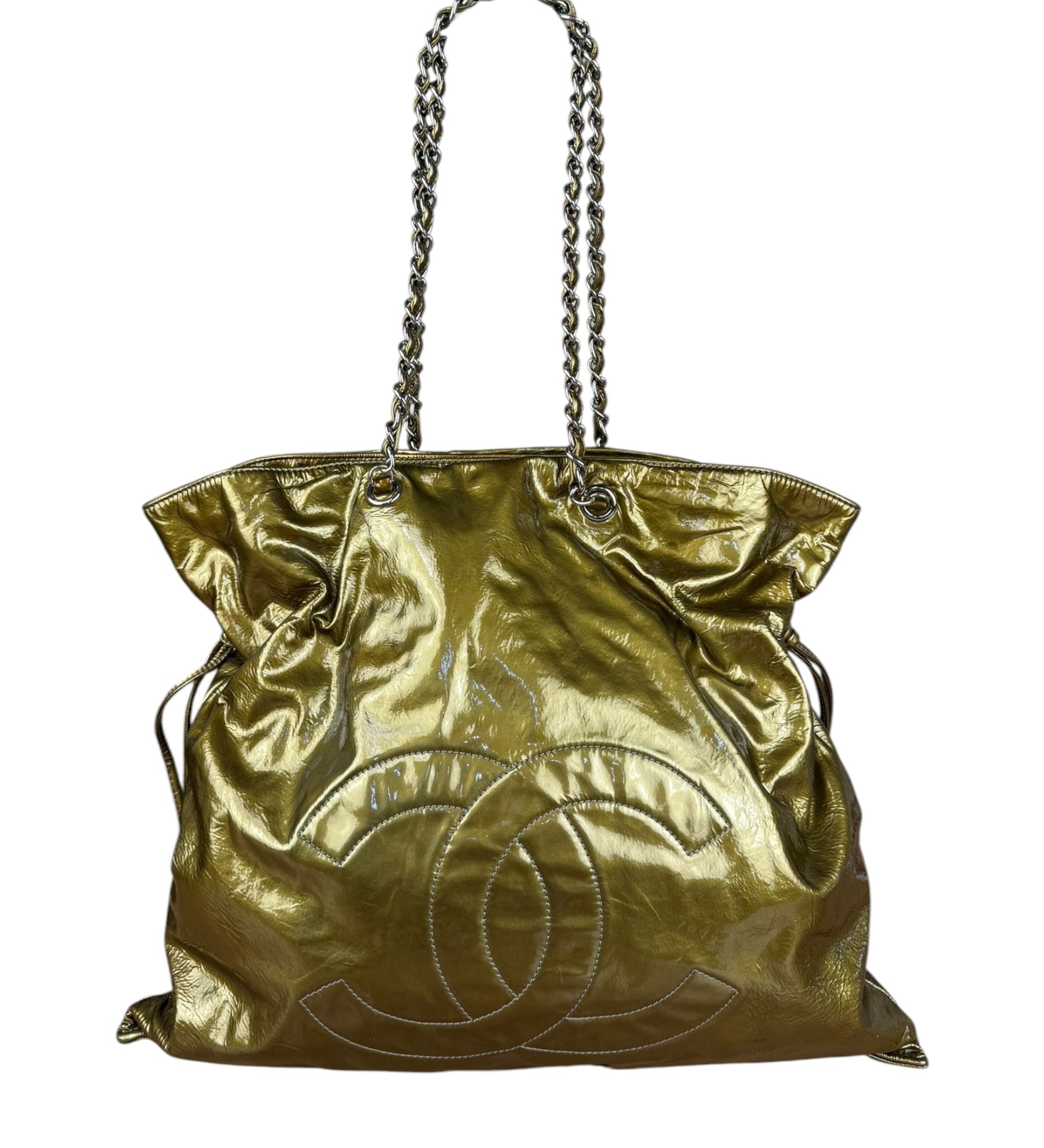 Chanel CC Green Metallic Patent Leather BonBon Chain Cinch Tote 2008
