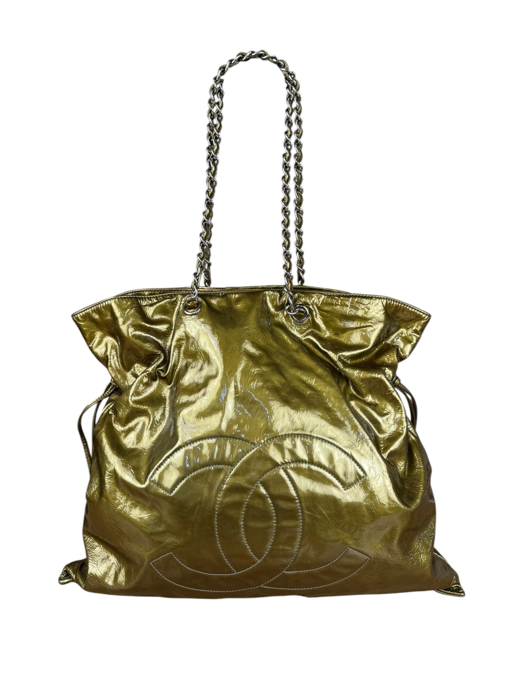Chanel CC Green Metallic Patent Leather BonBon Chain Cinch Tote 2008
