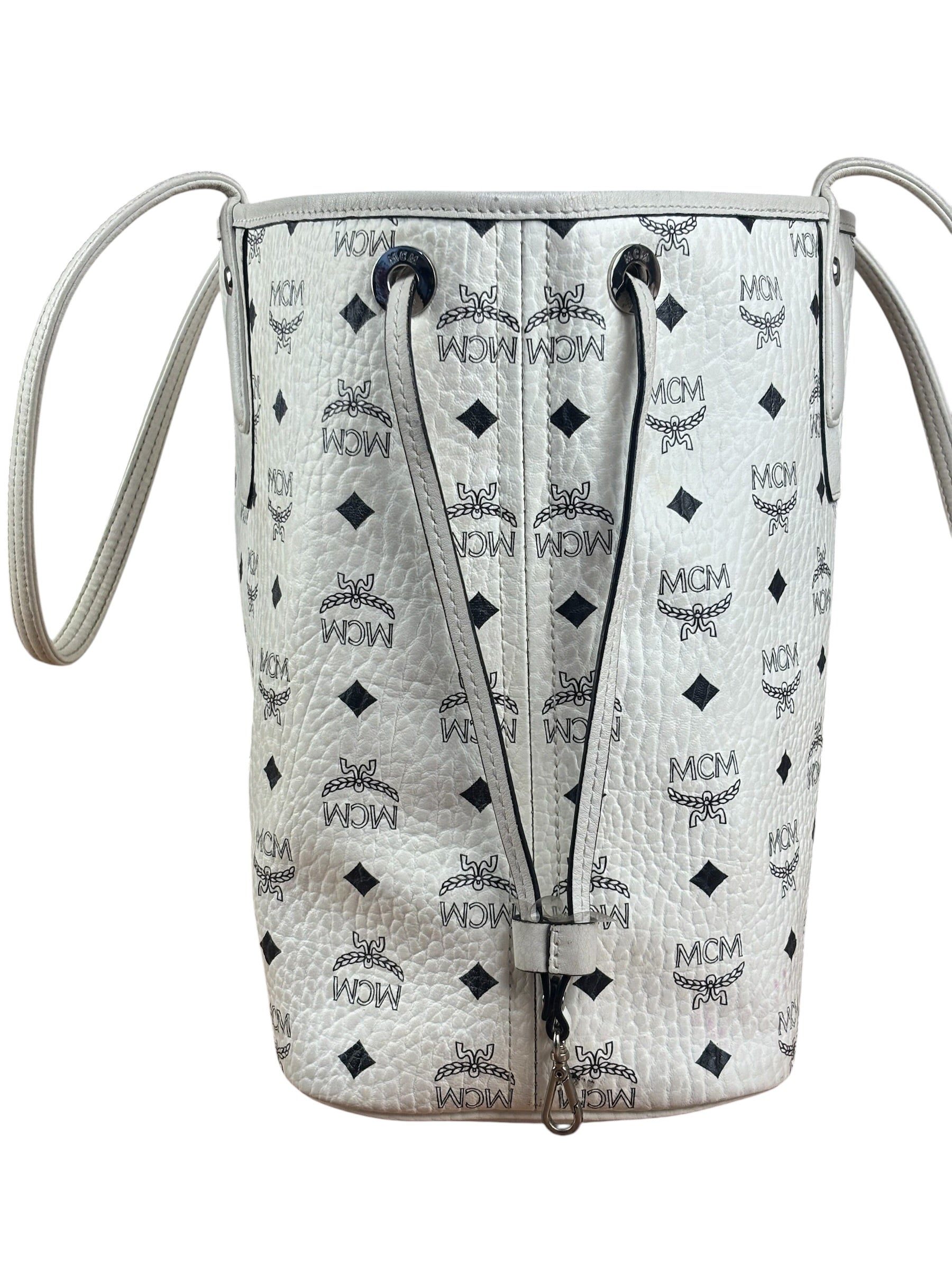 MCM White Leather Reversible Liz Shopper In Visetos Tote Bag