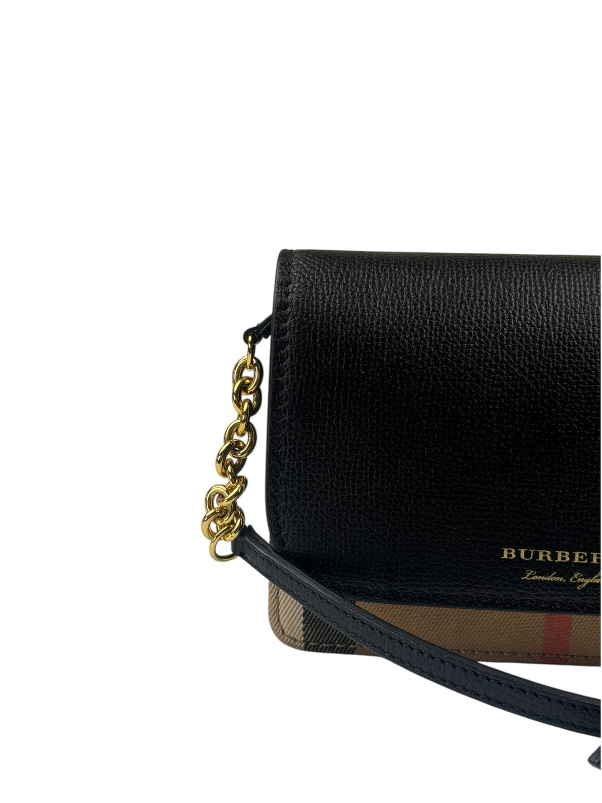 Burberry Black Leather House Check Flap Wallet On Chain