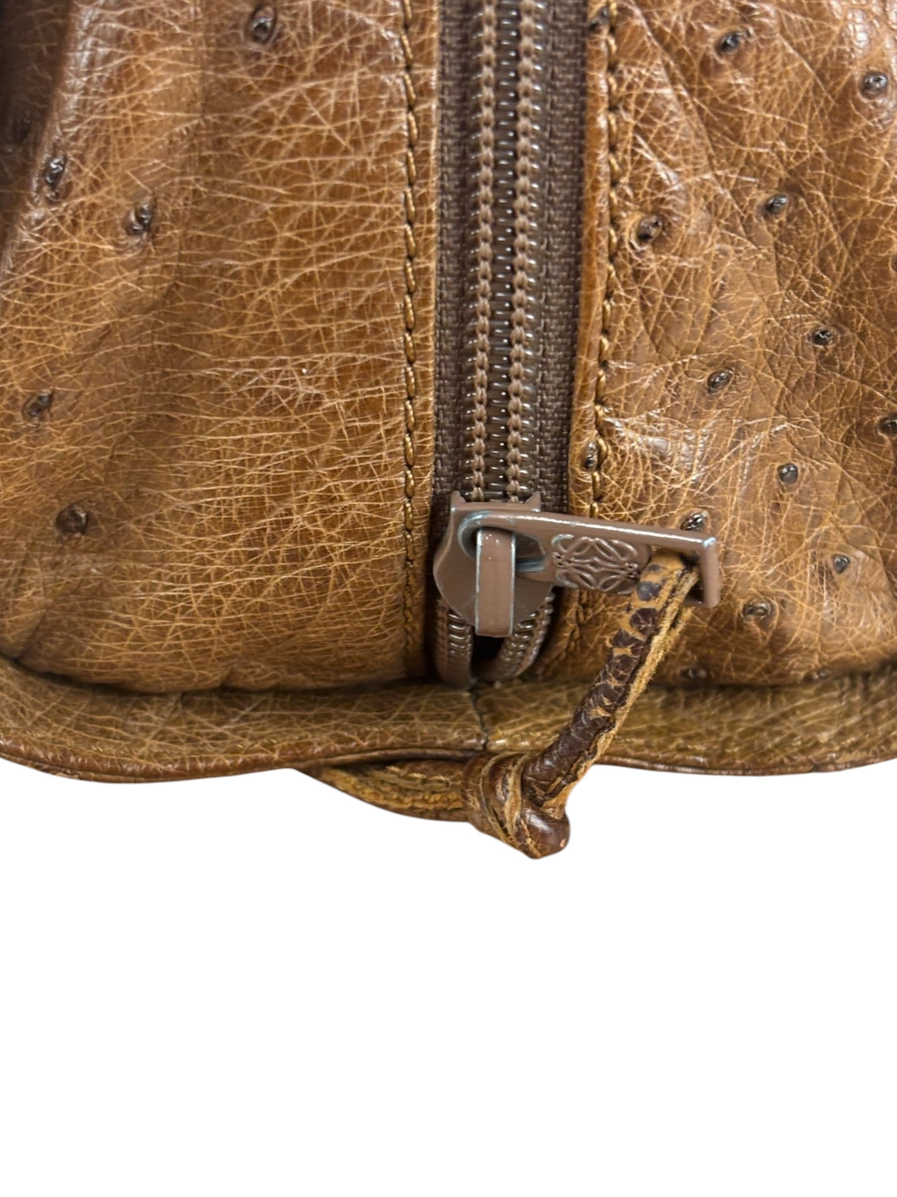 Loewe Vintage Brown Ostrich Print Leather Triangular Shoulder Bag