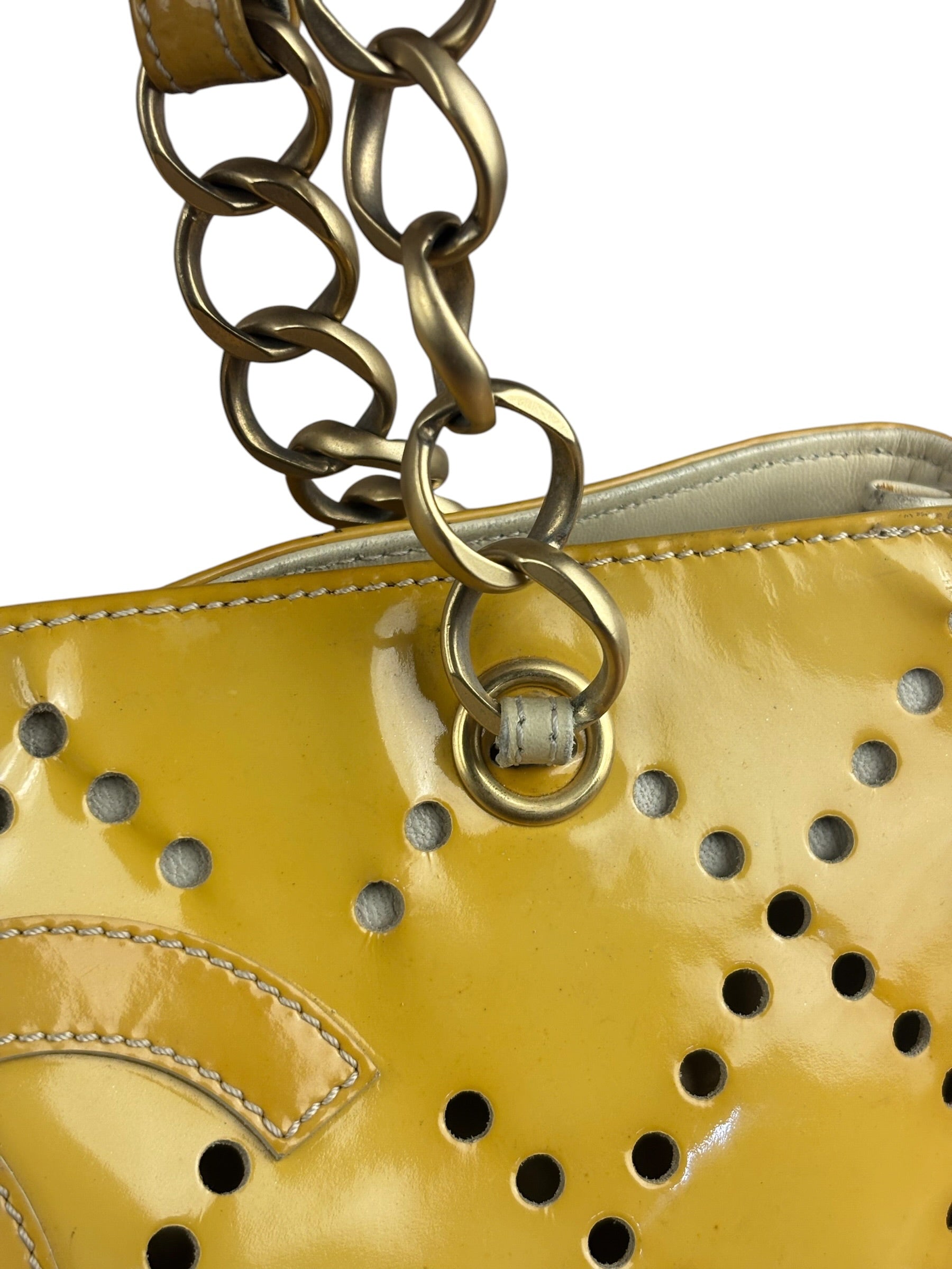 Chanel Vintage Yellow Patent Leather Perforated Tote Bag 1987