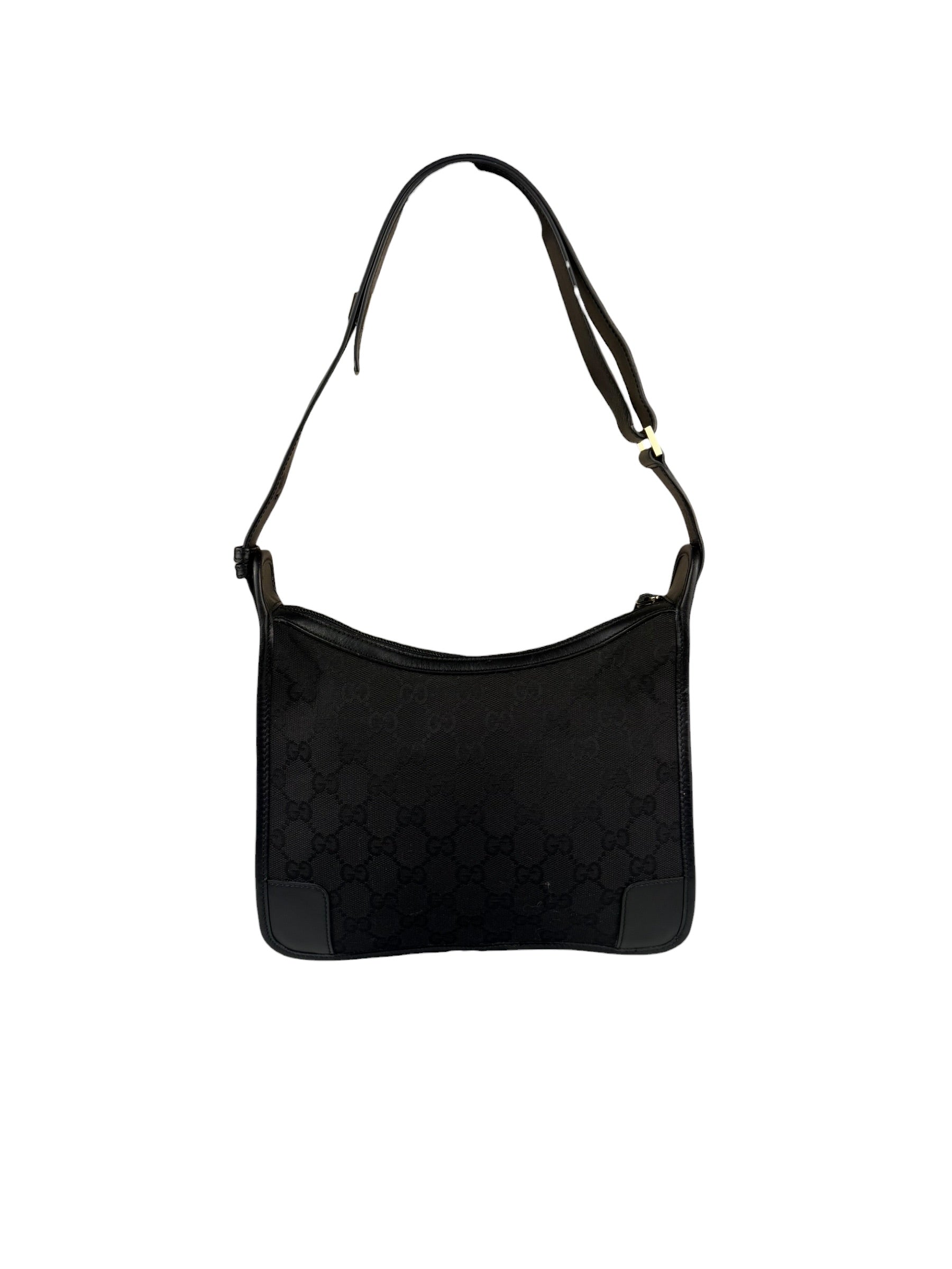 Gucci Black Canvas Leather Trim Shoulder Bag