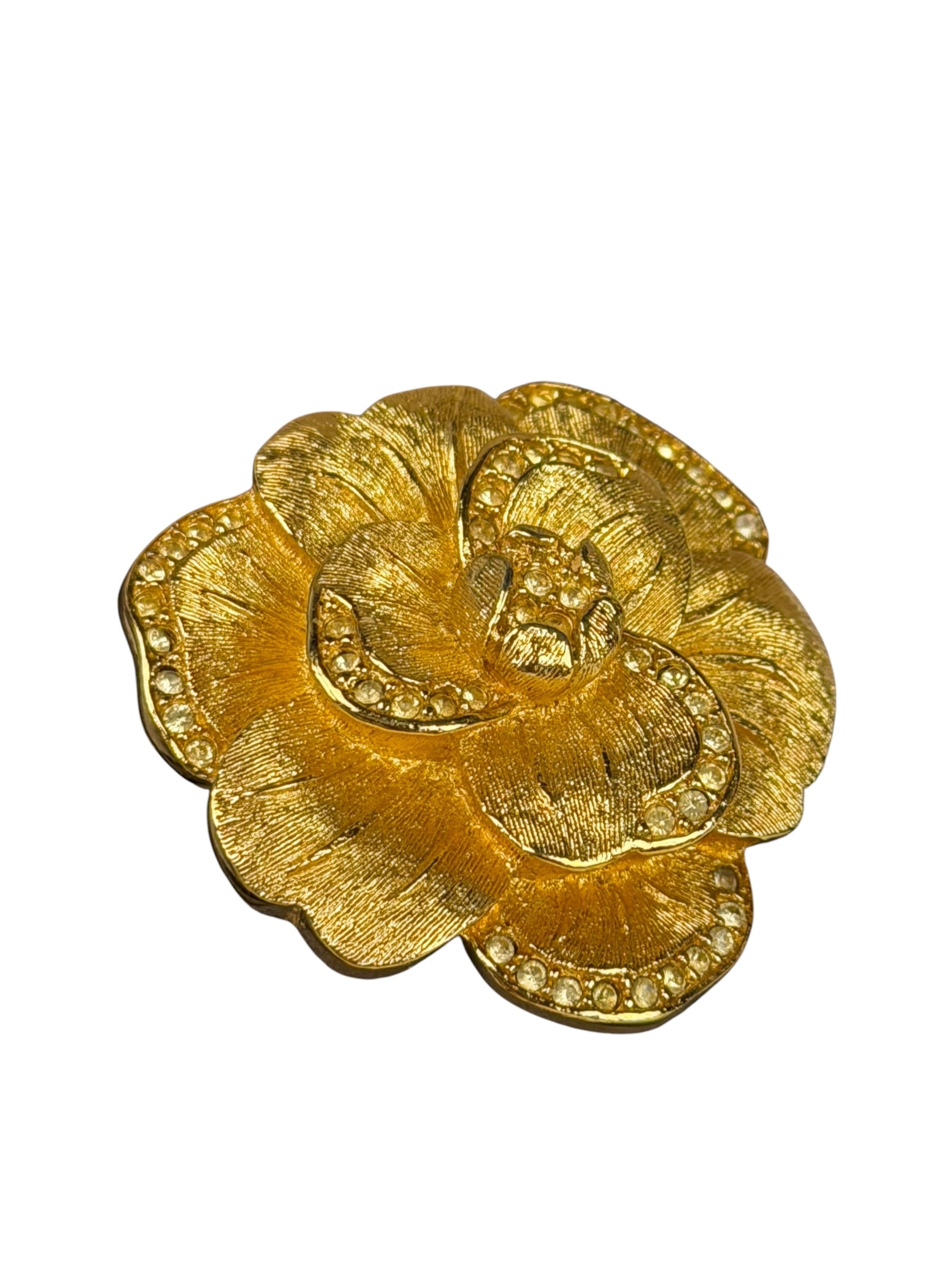 Christian Dior Signature Camellia Flower Gold Plated Crystal Pave Brooch