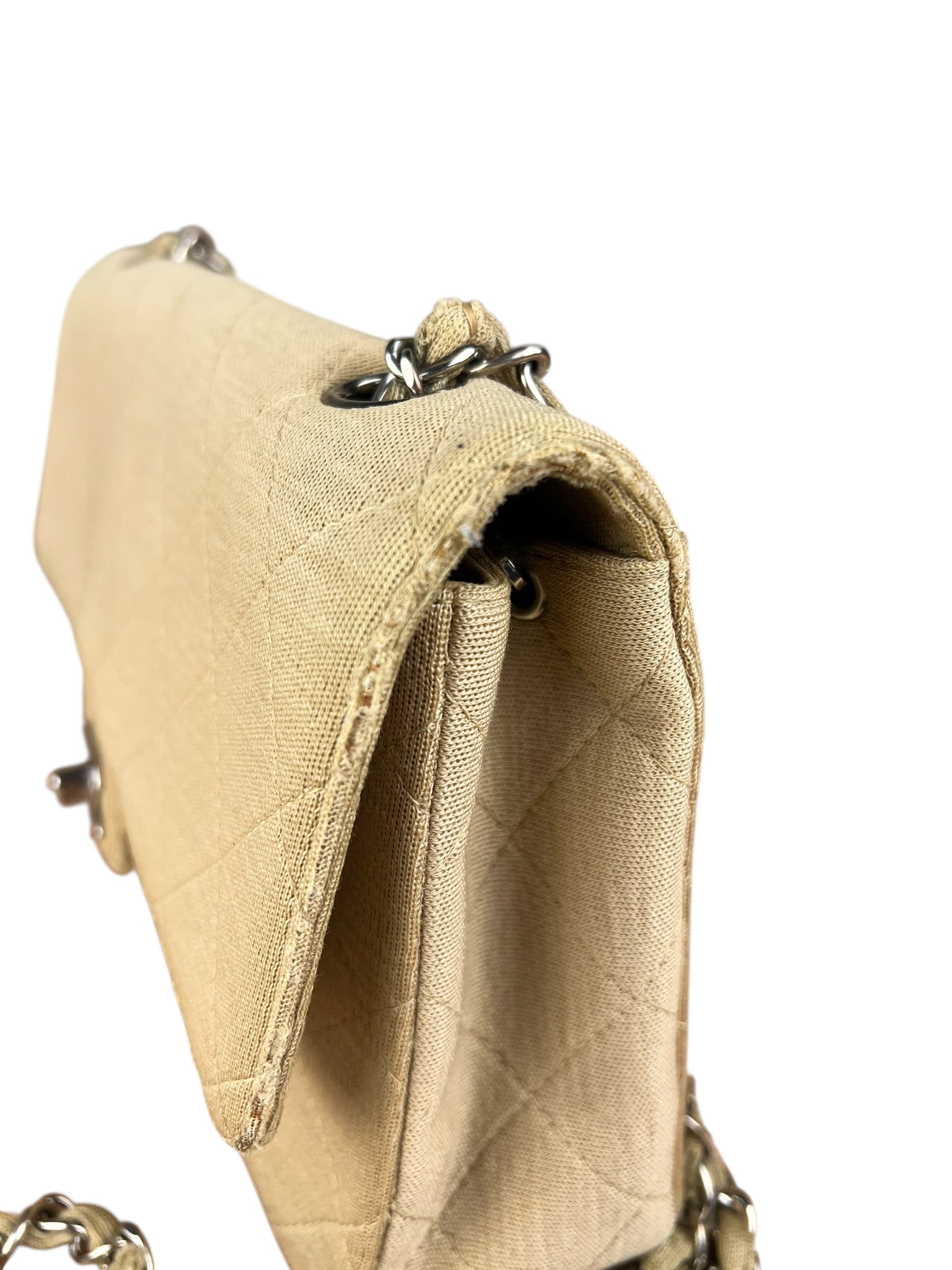 Chanel Vintage Beige Jersey Quilted Classic Flap Bag