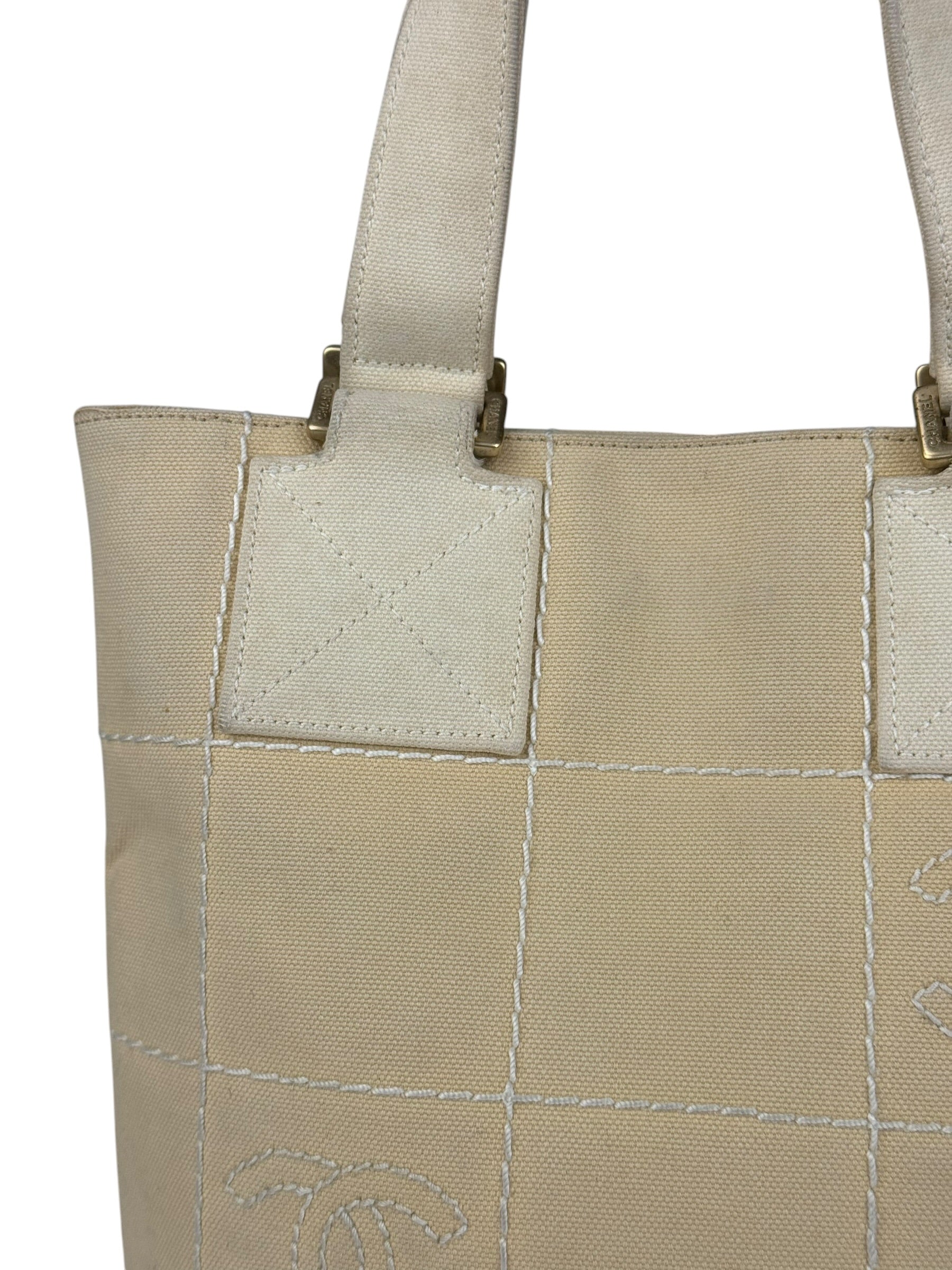 Chanel Vintage Beige Canvas Quilted Chocolate Bar Tote 2003