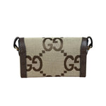Gucci Brown Leather Trim Monogram Jumbo GG Mini Shoulder Bag