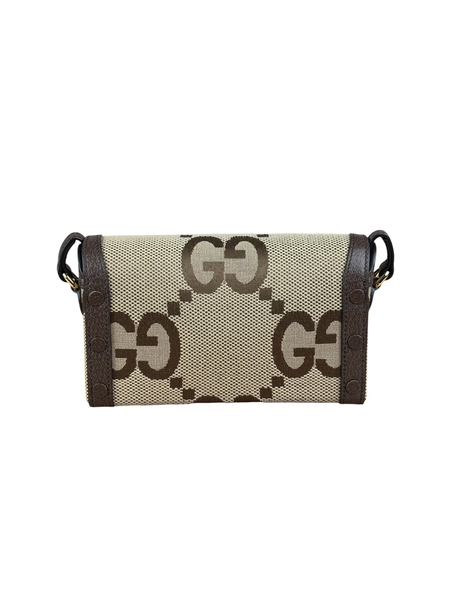 Gucci Brown Leather Trim Monogram Jumbo GG Mini Shoulder Bag